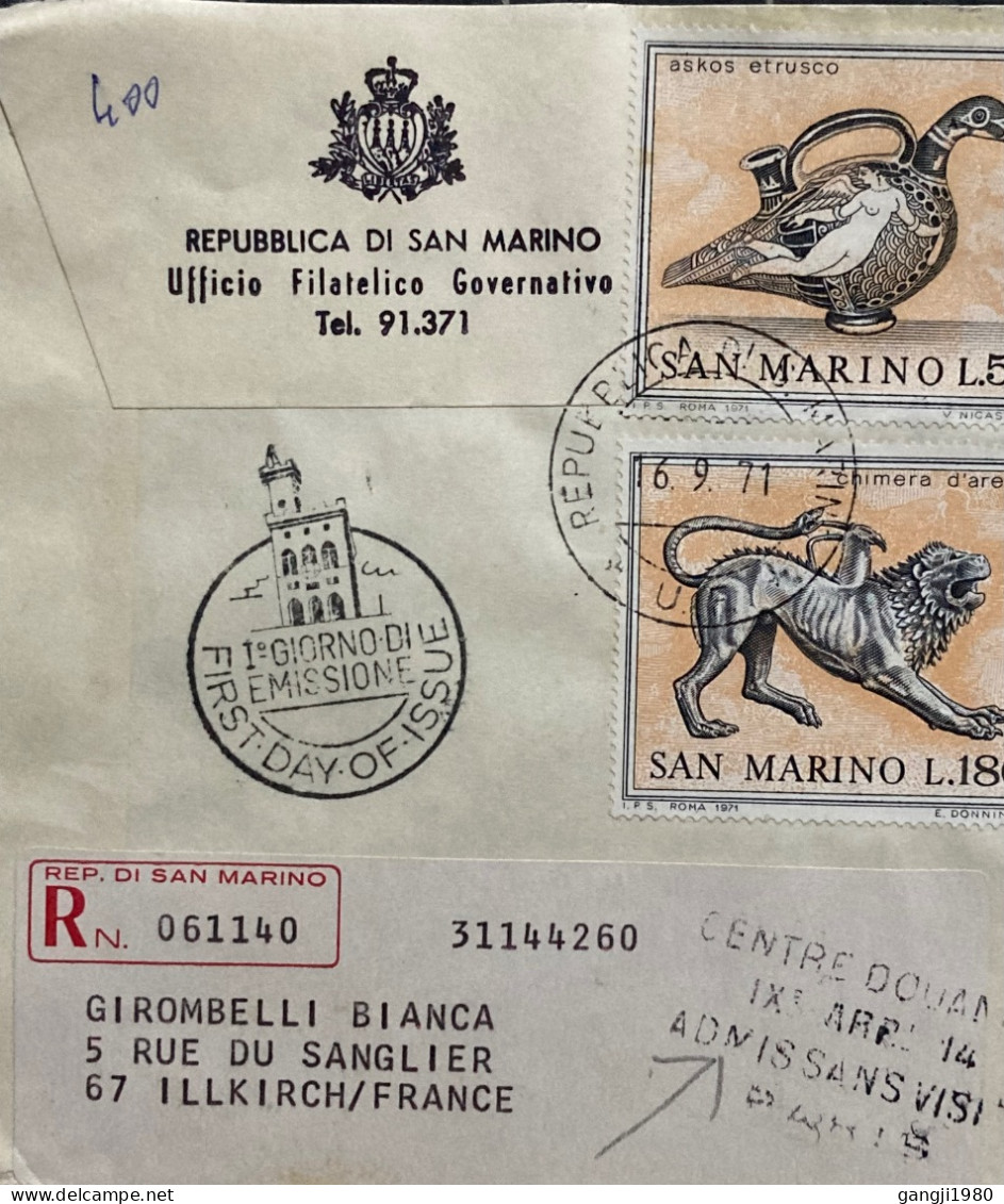 SAN MARINO-1971, REGISTER COVER, USED TO FRANCE, DUCK JUG, HERMES HEAD, MAN & WIFE COUPLE, CHIMERA, ILLKIRCH CITY CANCEL - Lettres & Documents