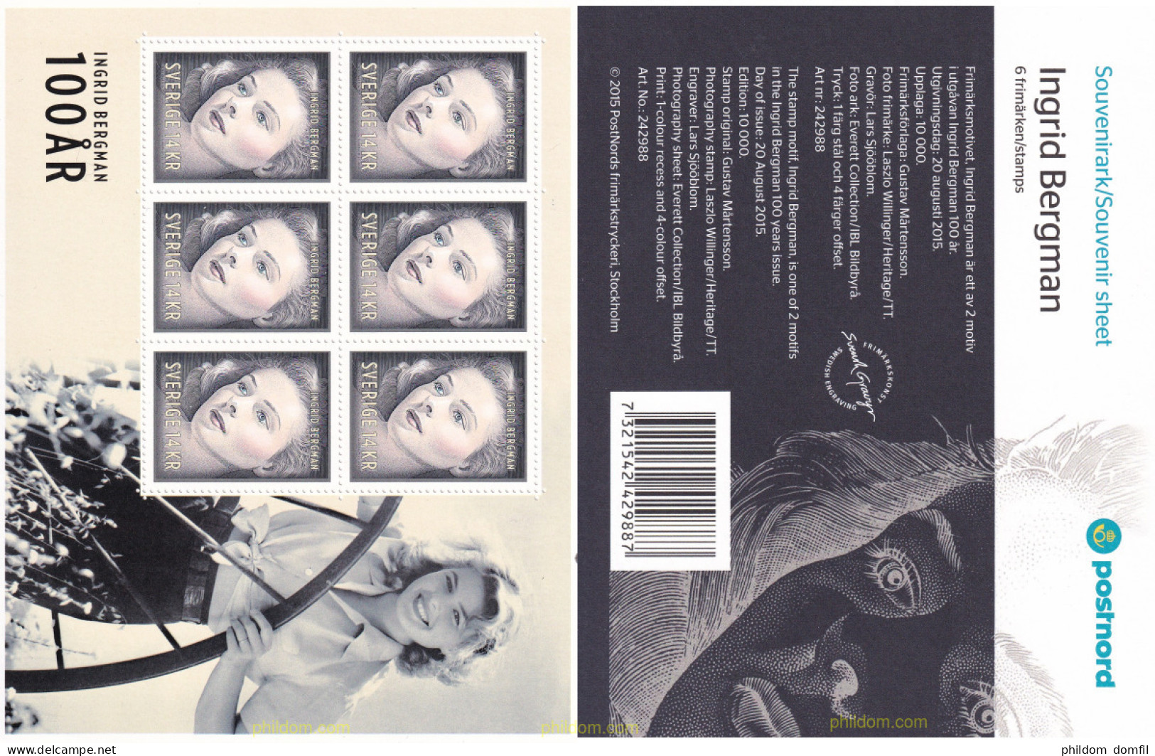 699281 MNH SUECIA 2015 CENTENARIO DEL NACIMIENTO DE INGRID BERGMAN (1915-1982) - Oblitérés