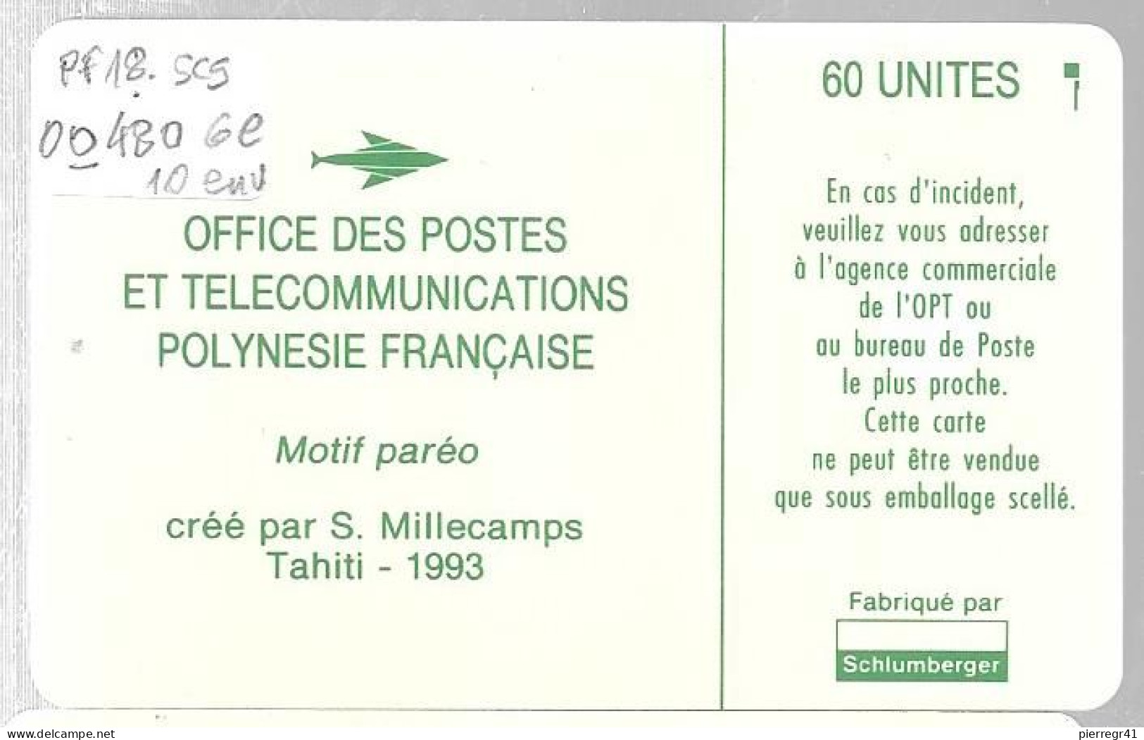 CARTE-PUCE-POLYNESIE-PF18-60U-SC5-S/Entourage-PAREO VERT Mat-5 Ge 00480-2eme à Env-TBE- - Polynésie Française