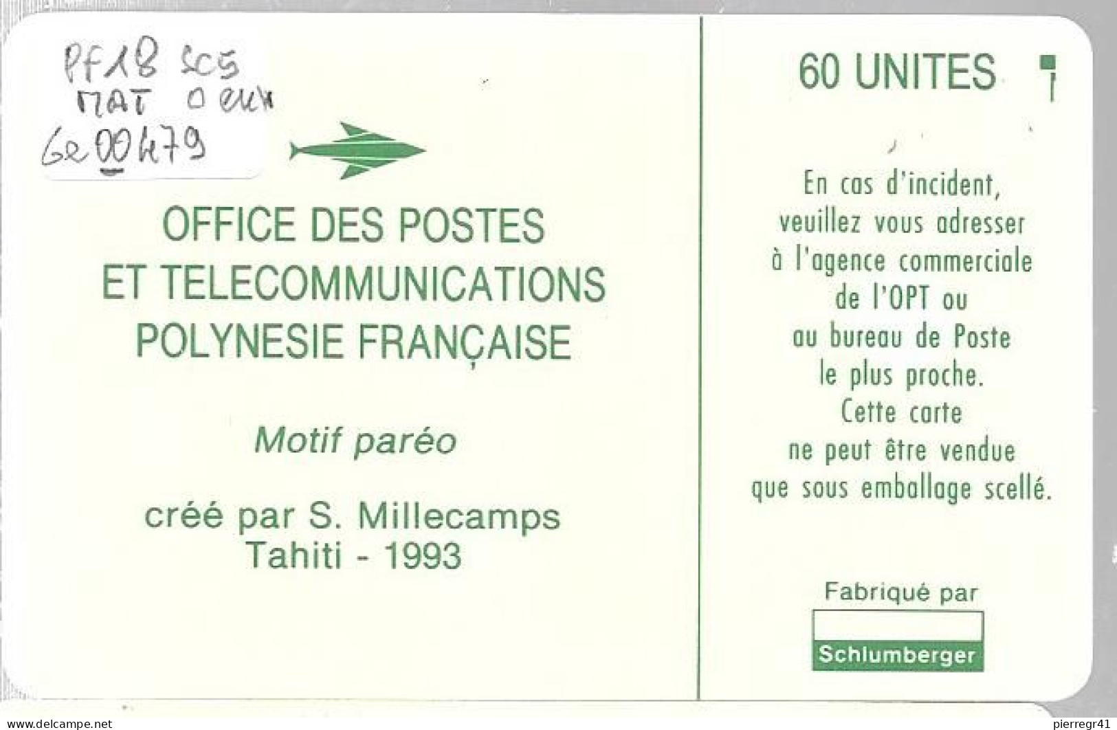 CARTE-PUCE-POLYNESIE-PF18-60U-SC5-S/Entourage-PAREO VERT Mat-5 Ge 00479-2 00-Env-Utilisé-TBE- - Polynésie Française