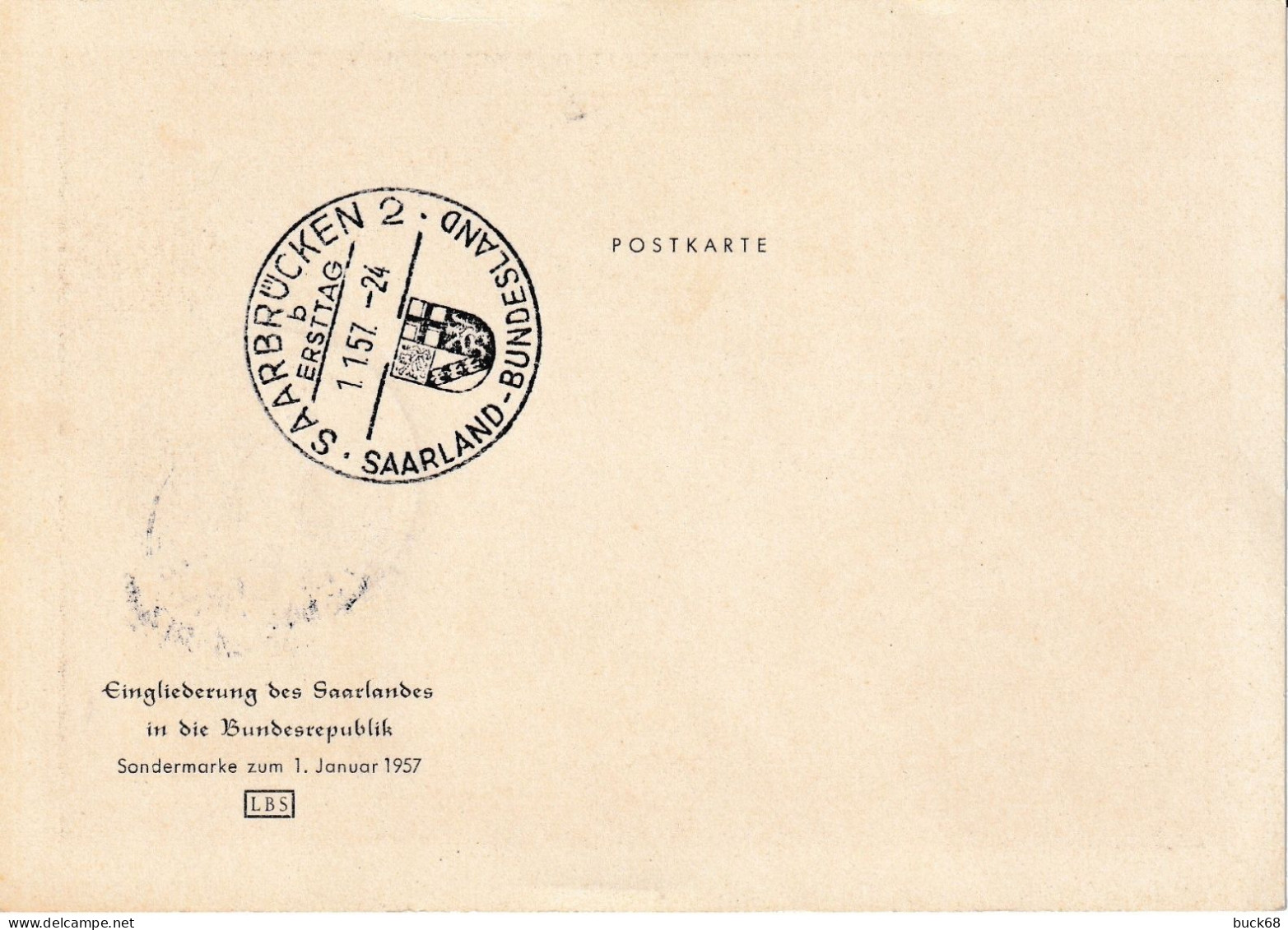 SAAR SARRE SAARLAND 361 Premier Jour FDC ETB Carte Postale Rattachement à L'Allemagne RFA 1 Janvier 1957 - FDC