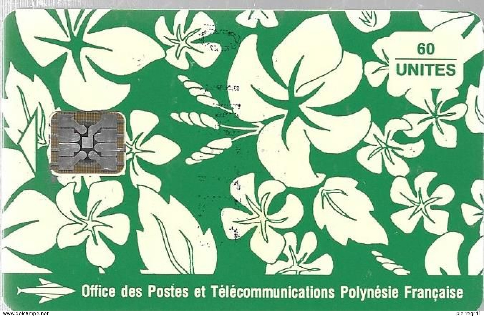 CARTE-PUCE-POLYNESIE-PF18b-60U-SC5-S/Entourage-PAREO VERT Brillant-9 N° RougeN°C41043826-Utilisé-TBE- - Polynésie Française