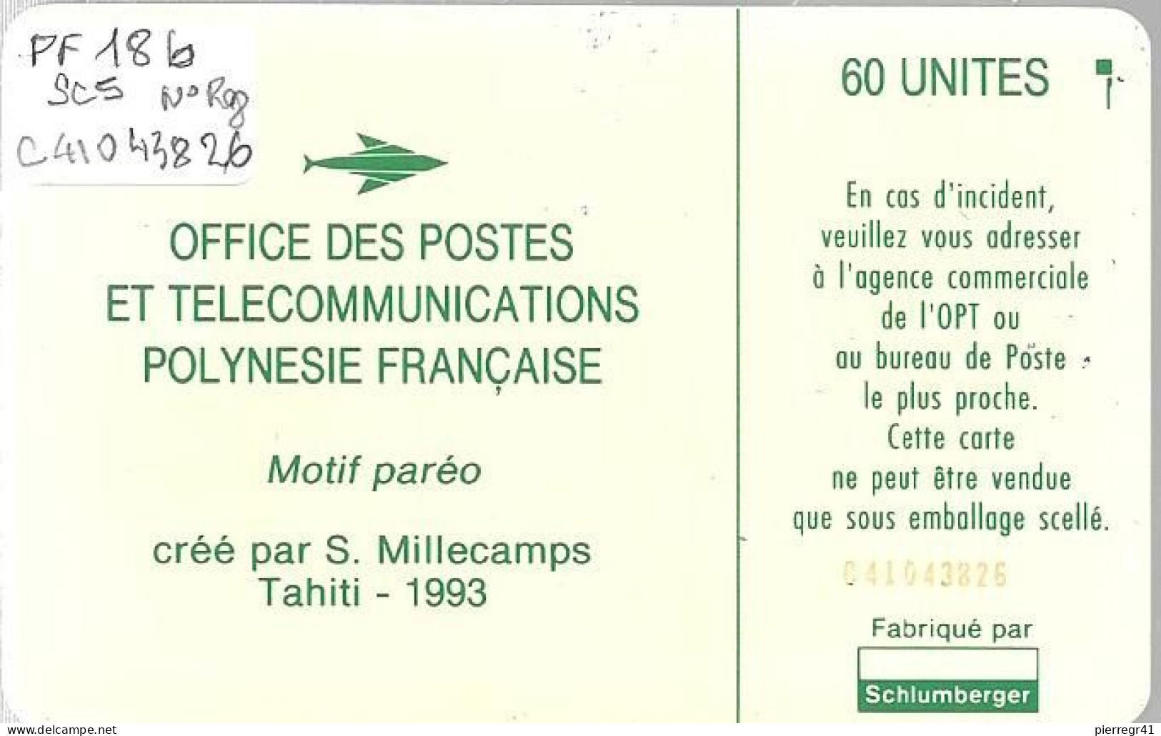 CARTE-PUCE-POLYNESIE-PF18b-60U-SC5-S/Entourage-PAREO VERT Brillant-9 N° RougeN°C41043826-Utilisé-TBE- - Polynésie Française