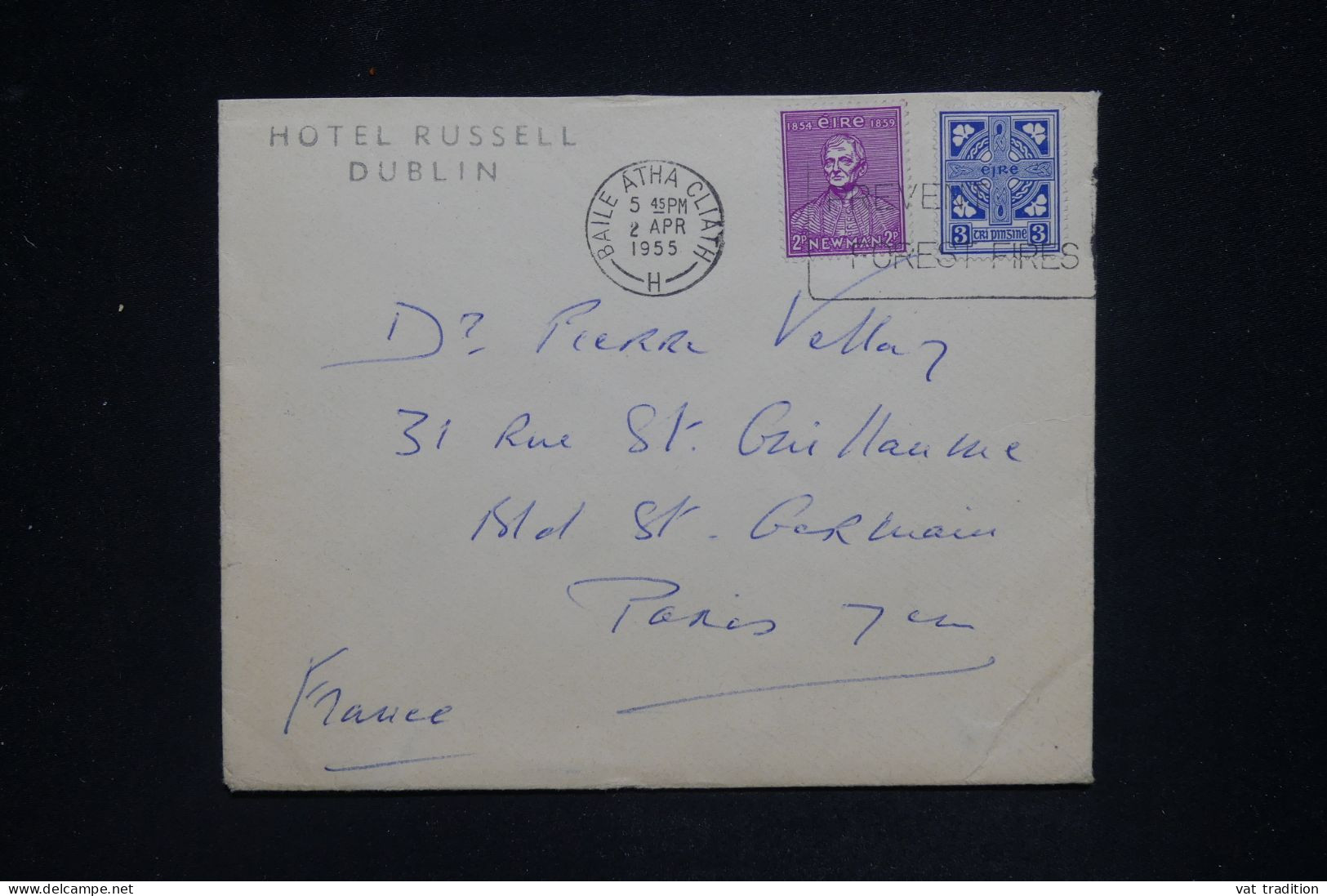 IRLANDE - Enveloppe Avec Griffe De L'Hôtel Russel De Dublin, De Baile Atha Clath Pour Paris En 1955 - L 143035 - Cartas & Documentos