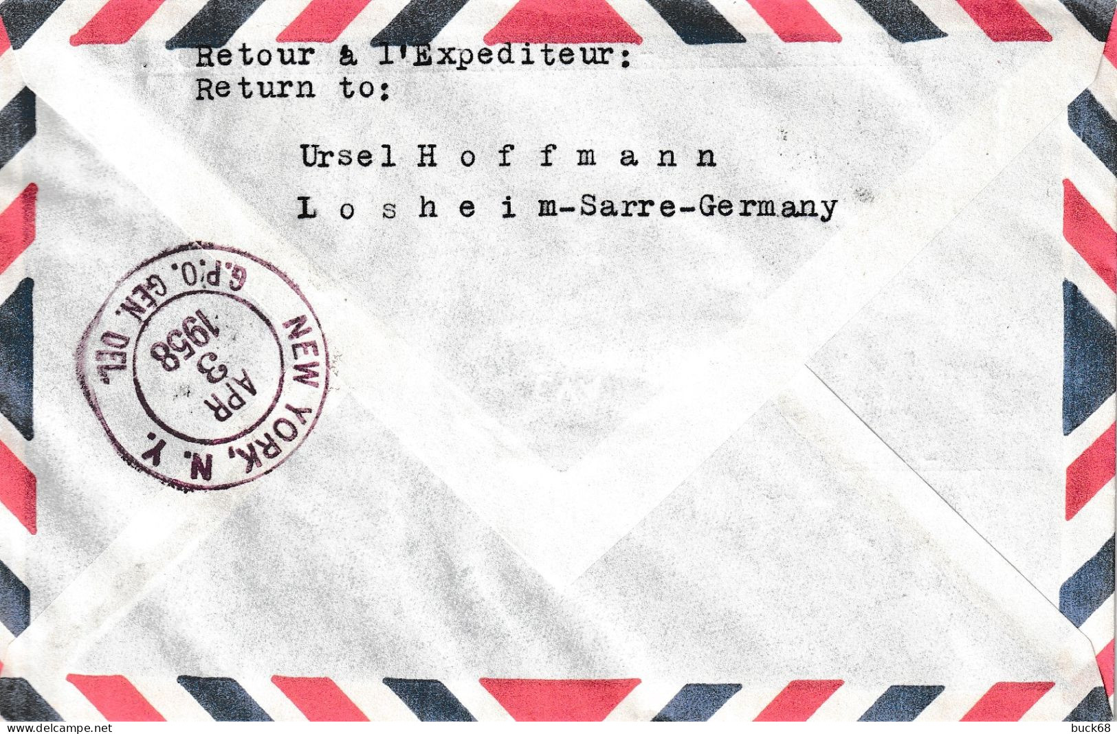 SAAR SARRE SAARLAND 384 385 Lettre Réouverture Vol Lufthansa Vers New York 2 Avril 1958 Cachet Arrivée - Storia Postale