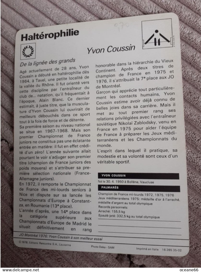 Fiche Rencontre Haltérophilie Yvon Coussin JO Montreal 1976 - Haltérophilie