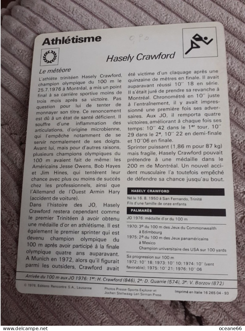 Fiche Rencontre Athlétisme Hasely Crawford D. Quarrie V. Borzov 100 M JO Montreal 1976 - Haltérophilie