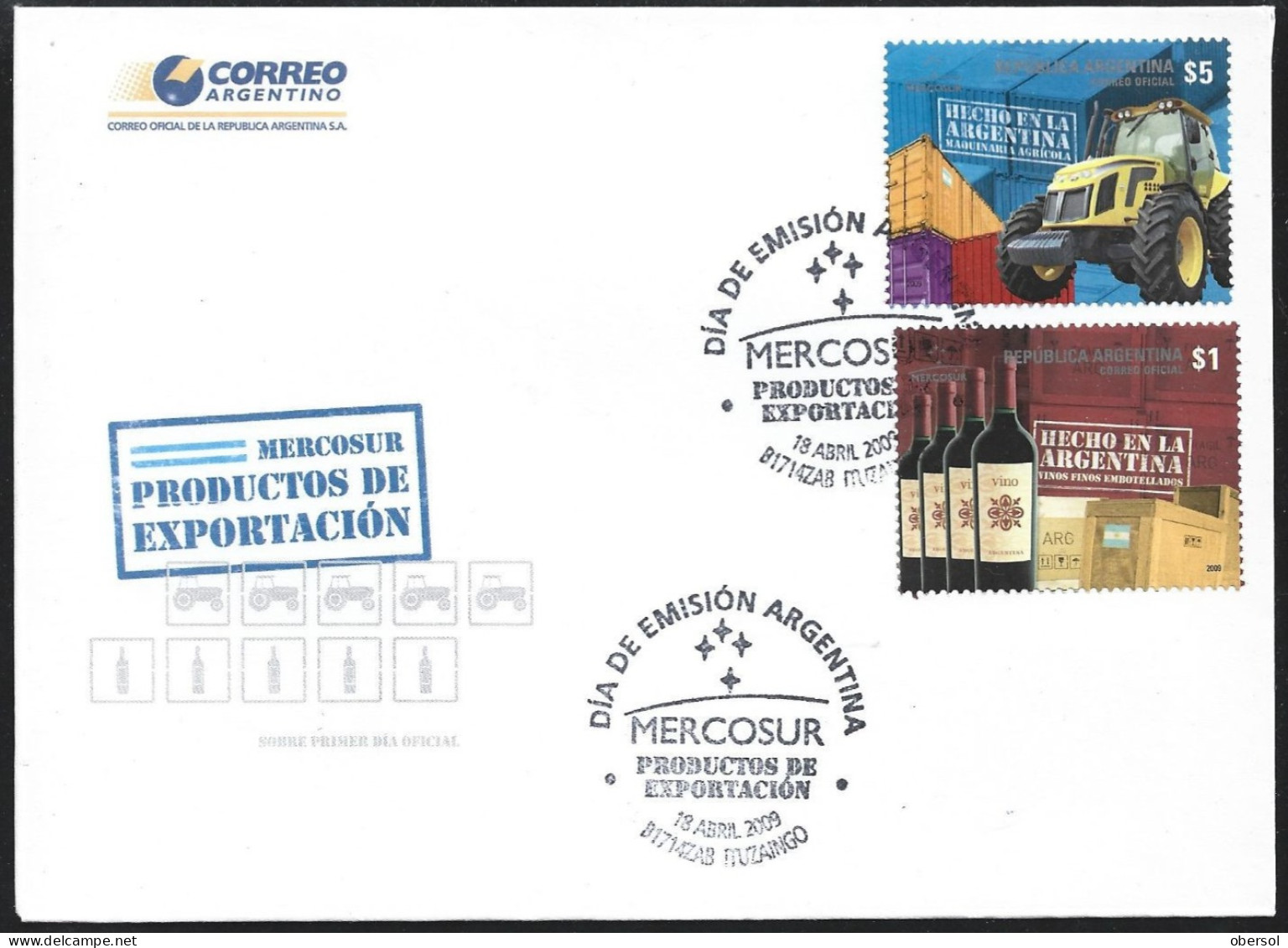 Argentina 2009 National Production Wines MERCOSUR Official Cover First Day Issue FDC - Lettres & Documents