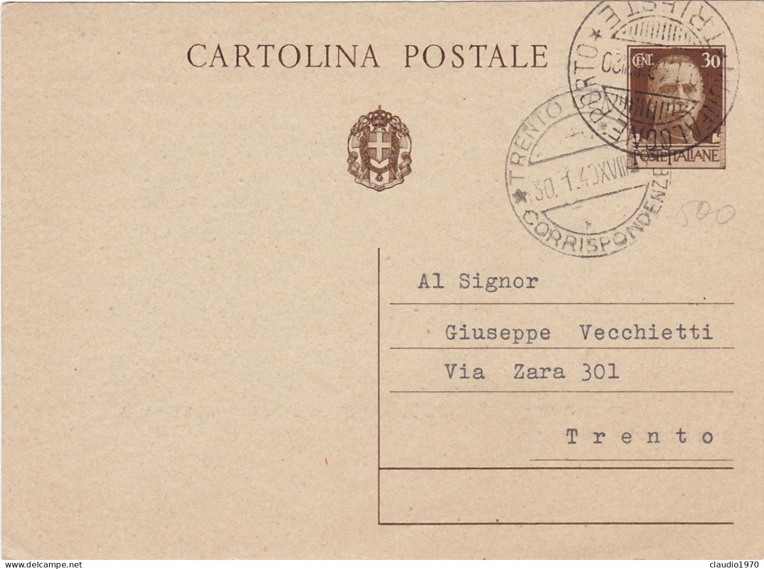 ITALIA - REGNO - MONFALCONE PORTO (GORIZIA) - INTERO POSTALE C. 30 - VIAGGIATO PER TRENTO- 1940 - Pacchi Postali