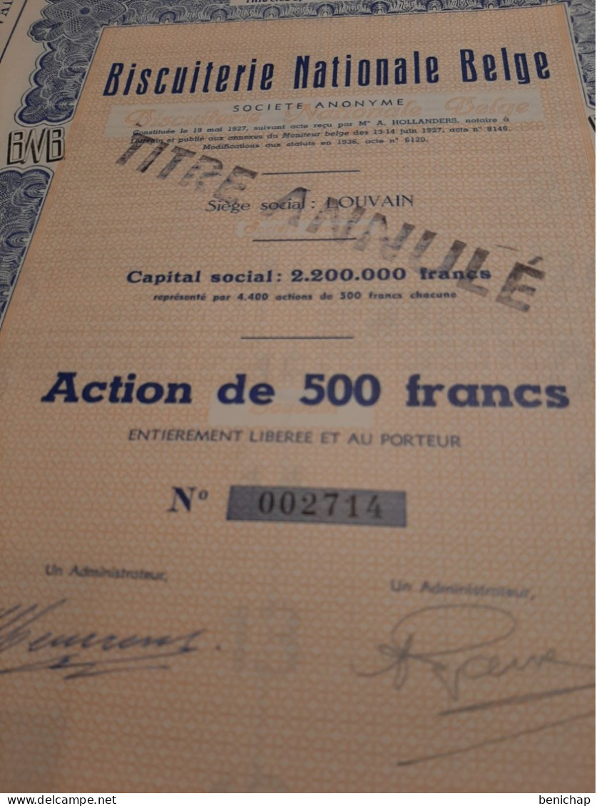 Biscuiterie Nationale Belge - Action De 500 Frs Entièrement Libérée - Louvain - Statut De 1936. - Landbouw