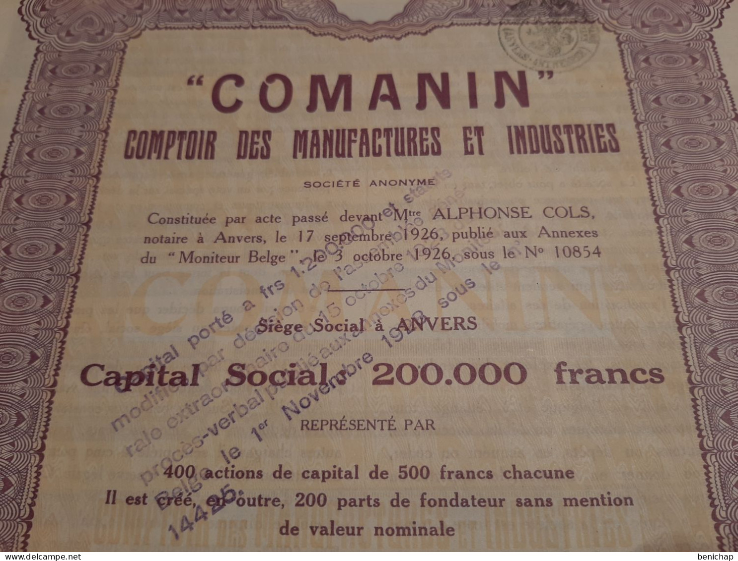 COMANIN - Comptoir Des Manufactures Et Industries - Part De Fondateur - Anvers 1926. - Industrie