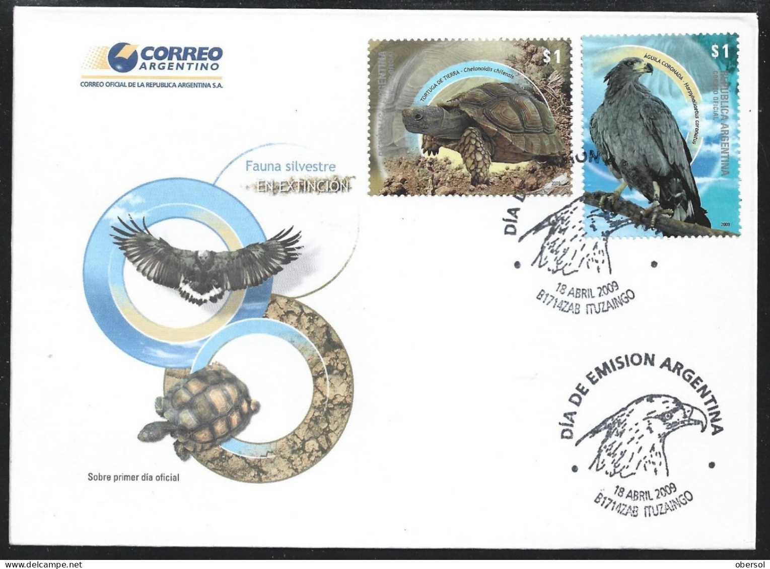 Argentina 2009 Endangered Animals Fauna Cover First Day Issue FDC - Lettres & Documents