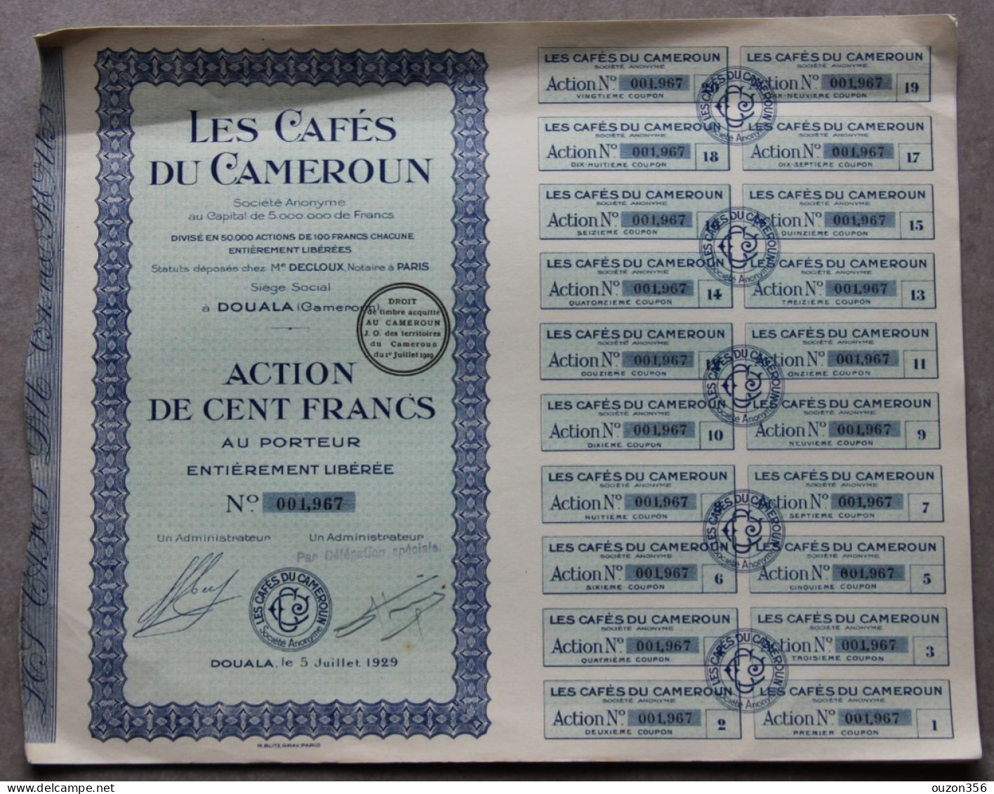 Les Cafés Du Cameroun (Douala, Afrique), Action De Cent Francs, 1929 - Afrique