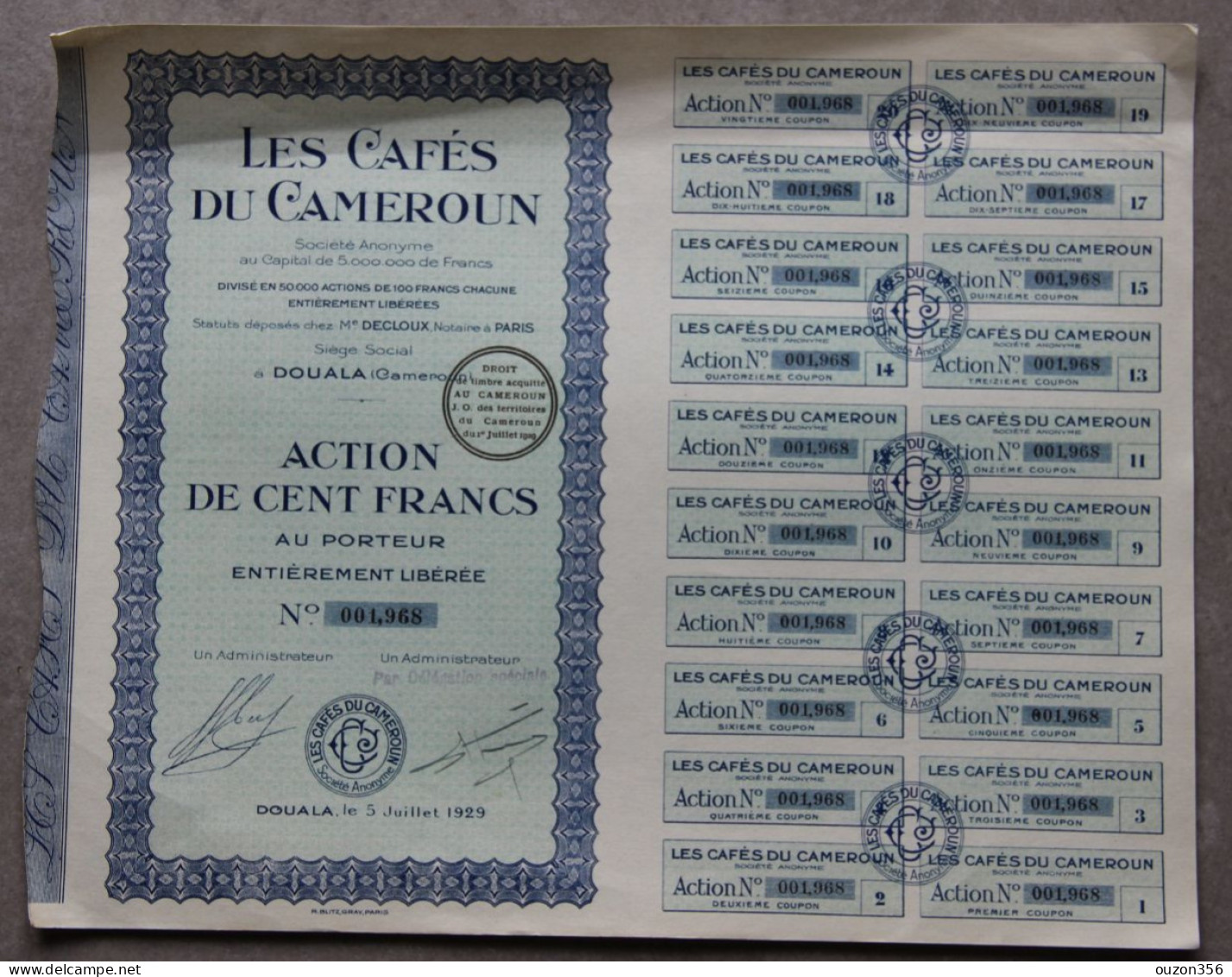 Les Cafés Du Cameroun (Douala, Afrique), Action De Cent Francs, 1929 - Afrika