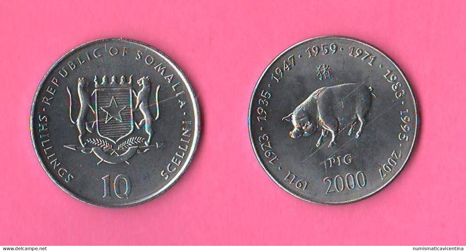 Somalia Republic 10 Scellini 2000 Zodiac Anno Maiale Year Pig Steel + Nickel - Somalia