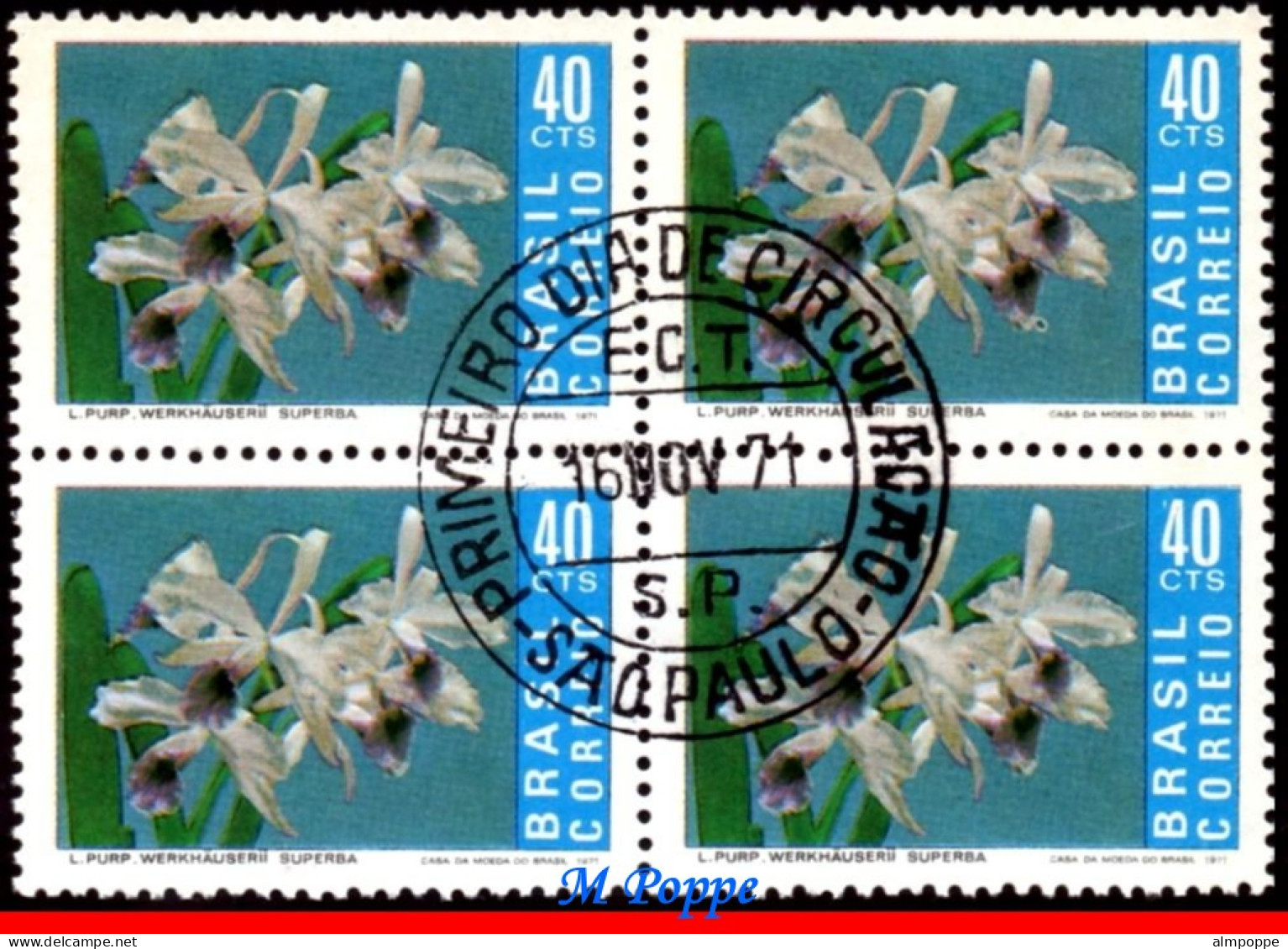 Ref. BR-1203-QC2 BRAZIL 1971 - ORCHID, FLORA, MI# 1297,BLOCK CANCELED 1ST DAY NH, FLOWERS, PLANTS 4V Sc# 1203 - Used Stamps