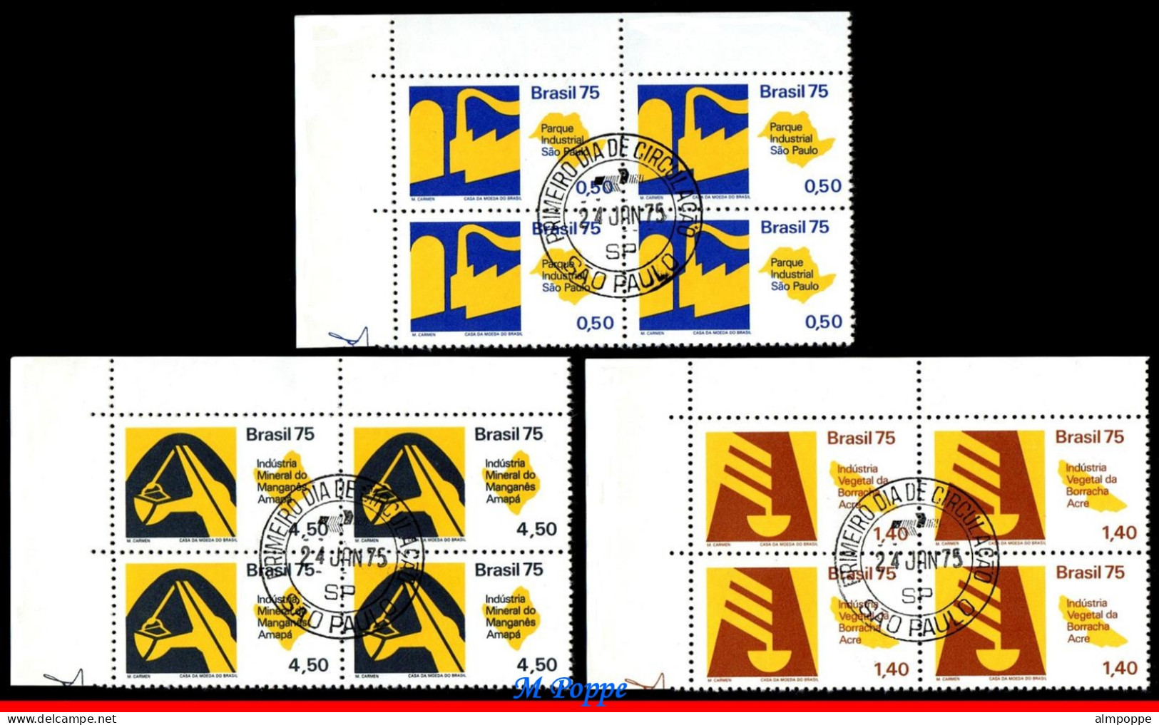 Ref. BR-1376-78-QU BRAZIL 1975 - ECONOMIC DEVELOPMENT,BLOCKS CANCELED 1ST DAY WITH GLUE NH, INDUSTRY 12V Sc# 1376-1378 - Used Stamps