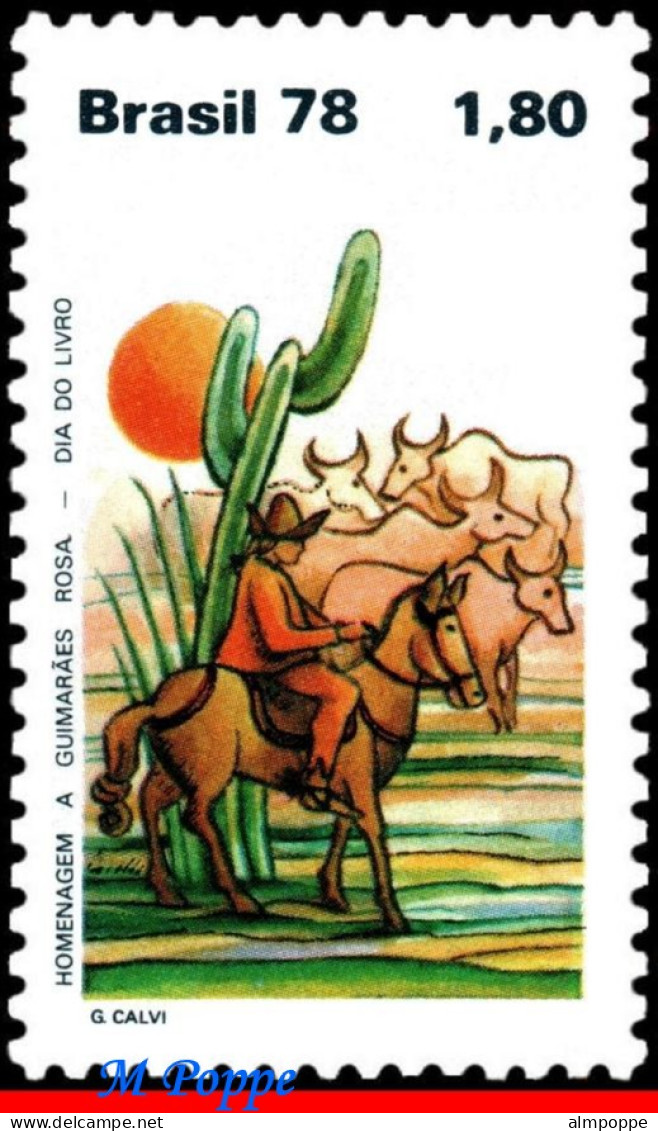 Ref. BR-1588 BRAZIL 1978 - BOOKS DAY,GUIMARAES ROSA,CACTUS, HORSES, CATTLE,MI# 1682,MNH, ANIMALS, FAUNA 1V Sc# 1588 - Donkeys