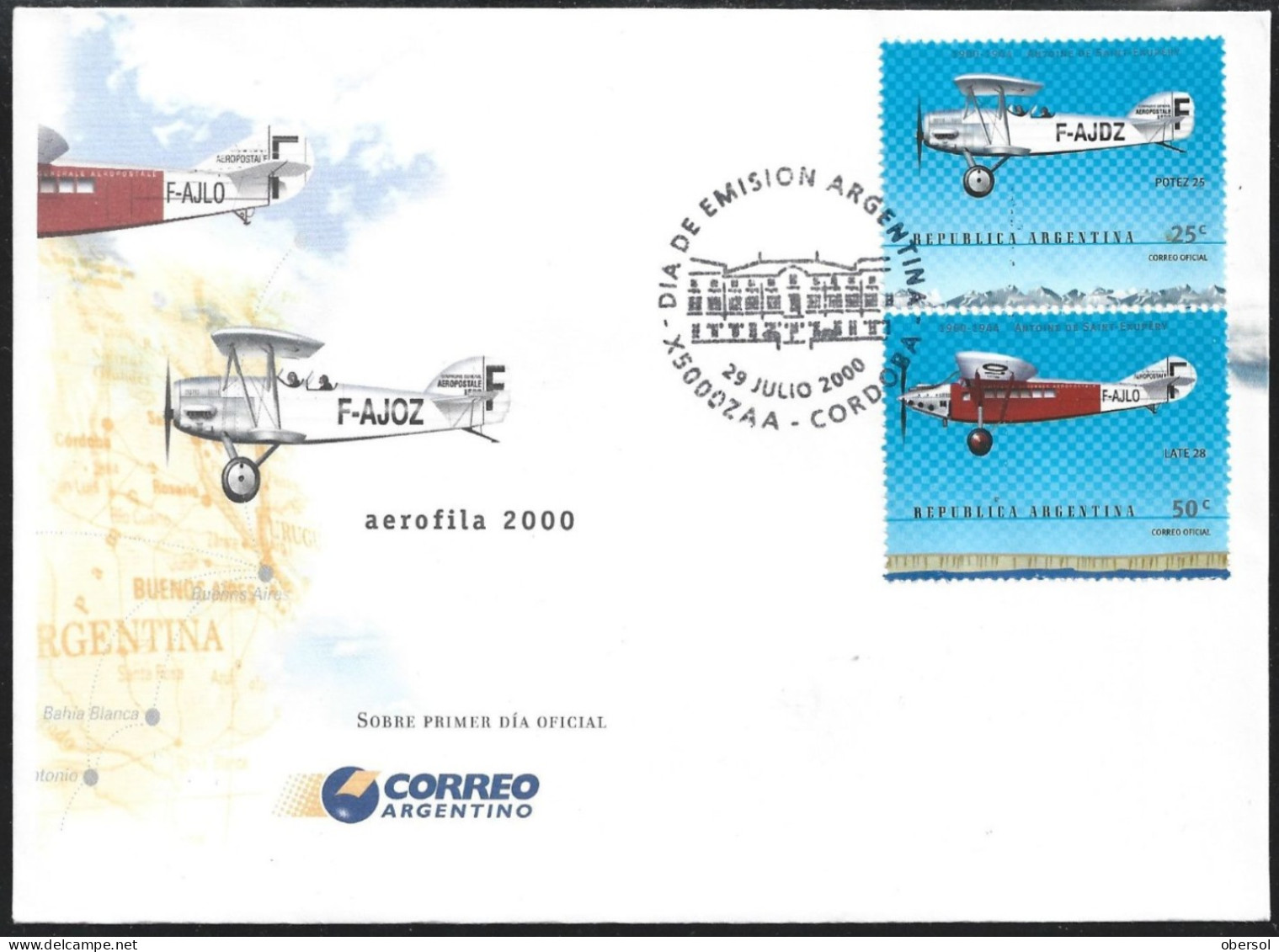 Argentina 2000 Aerofila Planes Official Cover First Day Issue FDC - Brieven En Documenten