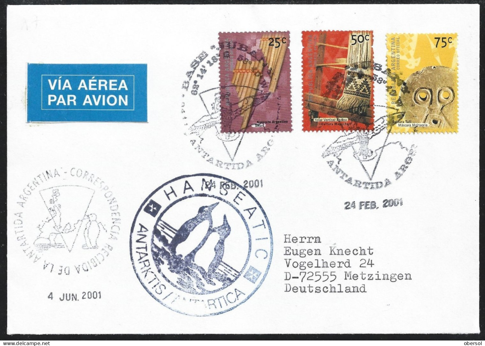 Argentina 2001 Antarctica To Germany Cover With Culture Set Stamps - Lettres & Documents