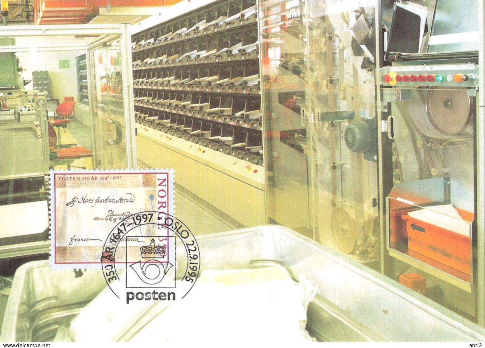 Norge Norway 1995 Norwegian Post 350 Years,  Letter Post, Post Sorting Machine,  MK 1 With Mi 1189, Maximumcard - Maximumkarten (MC)