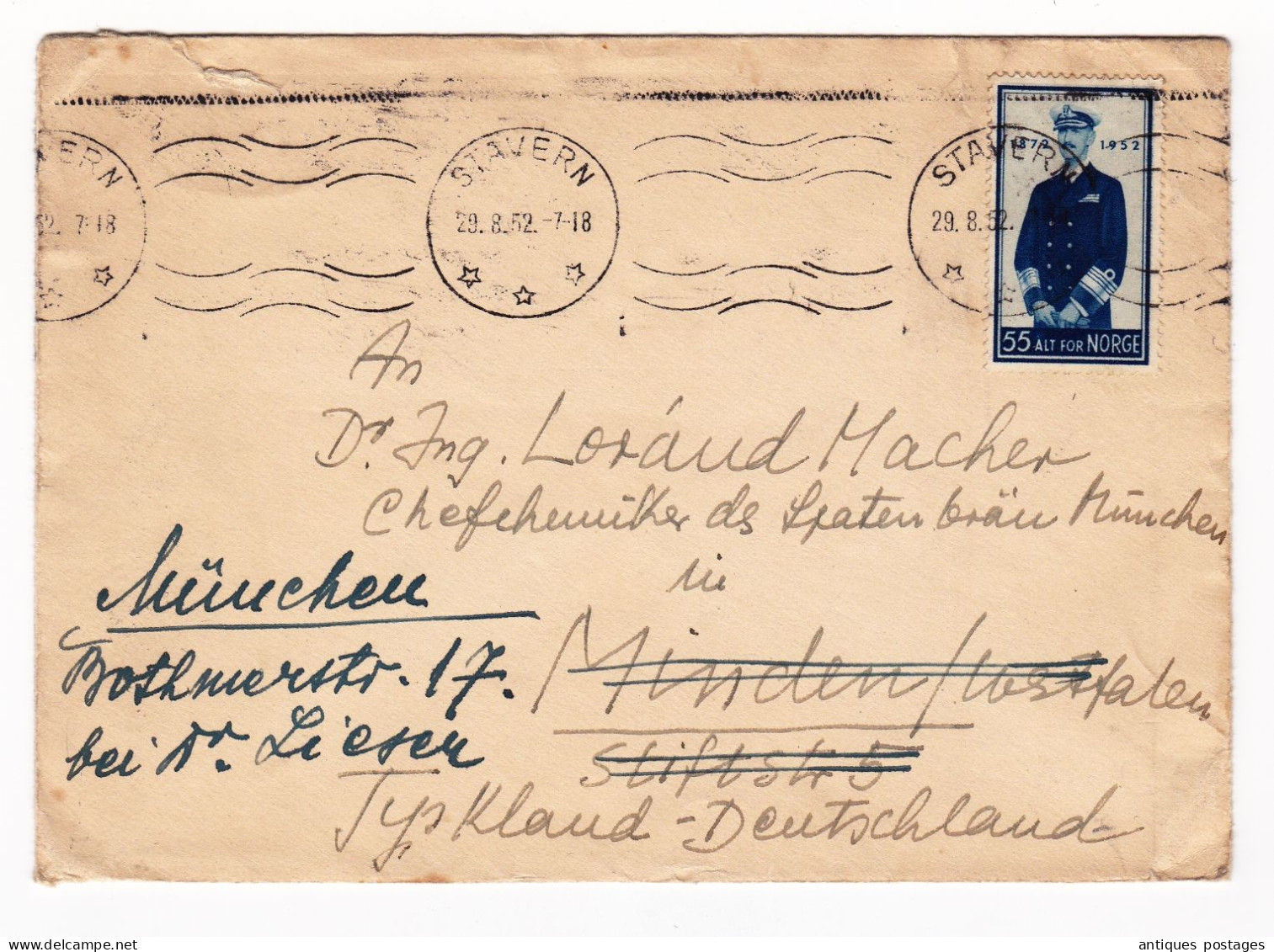 Lettre 1952 Stavern Norge Norway Norvège Deutschland Stamp Haakon VII Carl Af Glücksborg - Covers & Documents