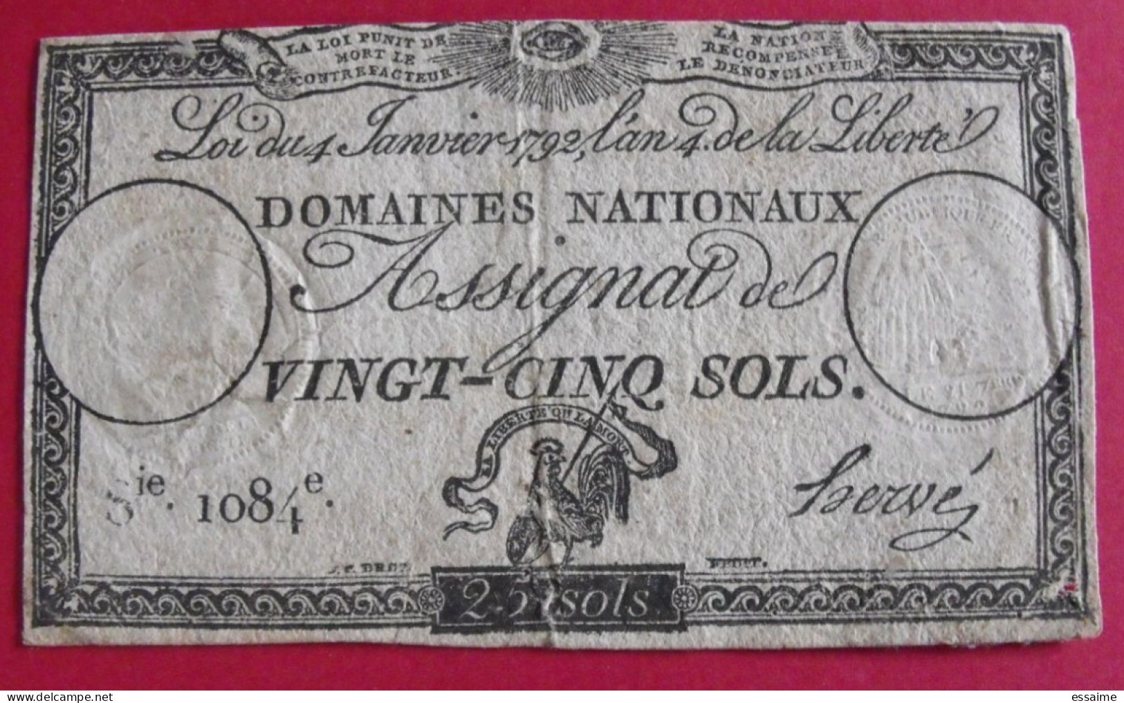 France. Assignat De Vingt-cinq Sols Série 1084. Loi Du 4 Janvier 1792 - Assegnati