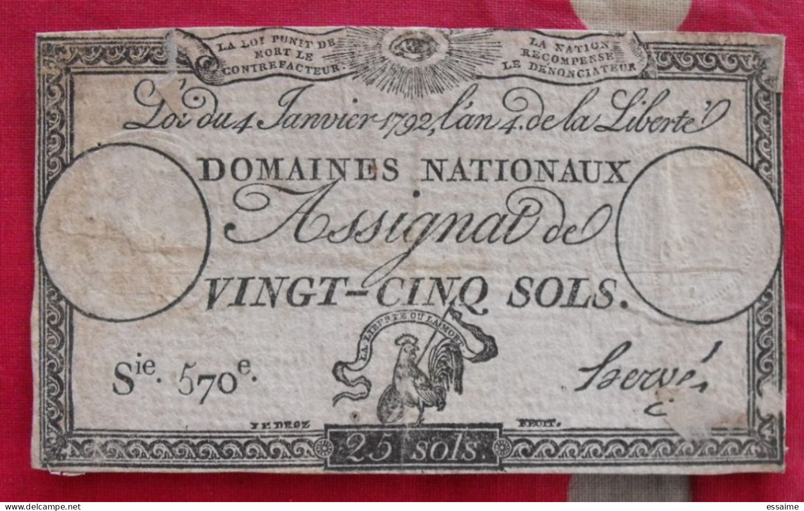 France. Assignat De Vingt-cinq Sols Série 570. Loi Du 4 Janvier 1792 - Assignats & Mandats Territoriaux