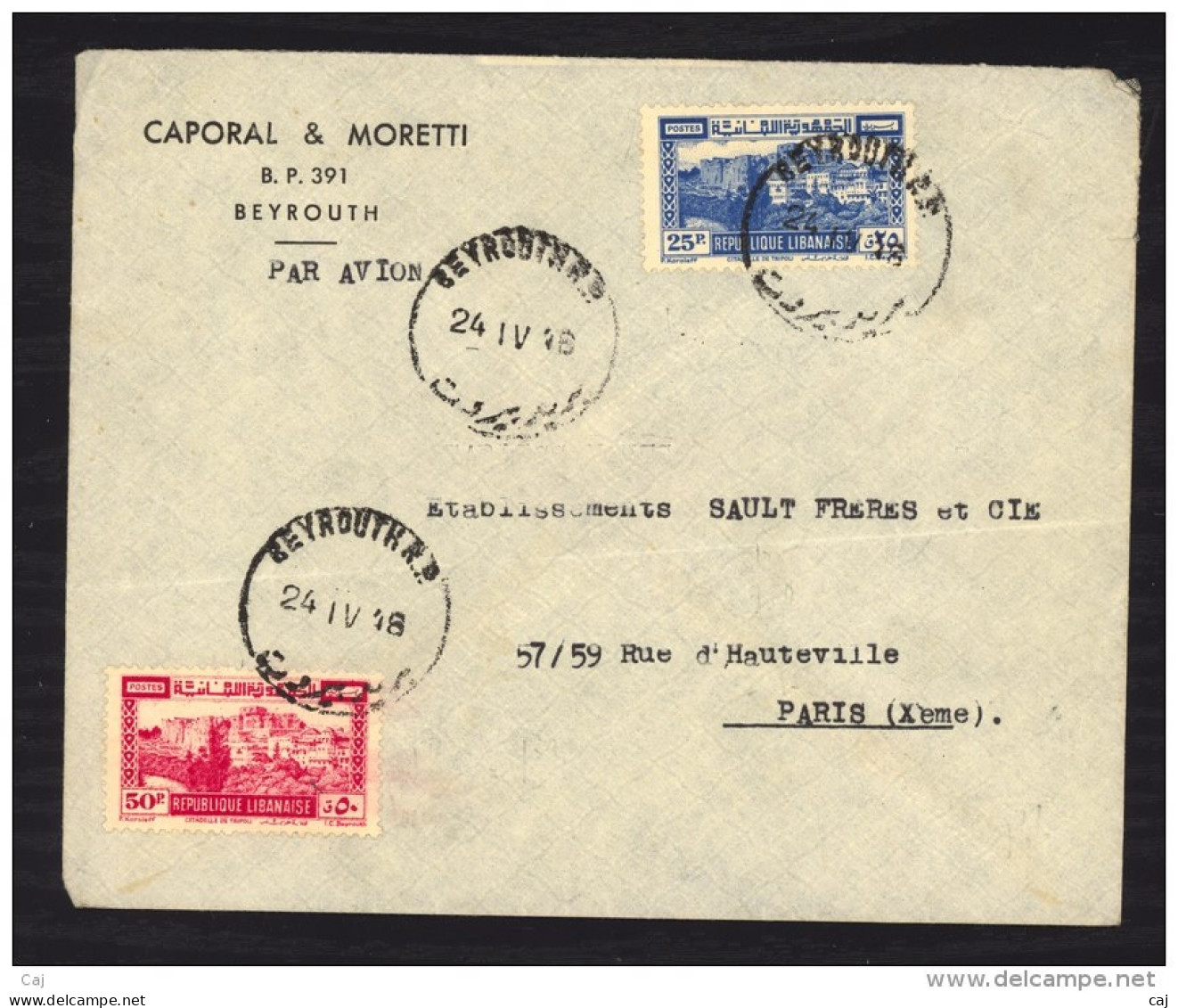 L 111  -  Grand Liban  :  Yv  195-96  Lettre  Du 24-4-48 De Beyrouth Pour Paris - Lettres & Documents