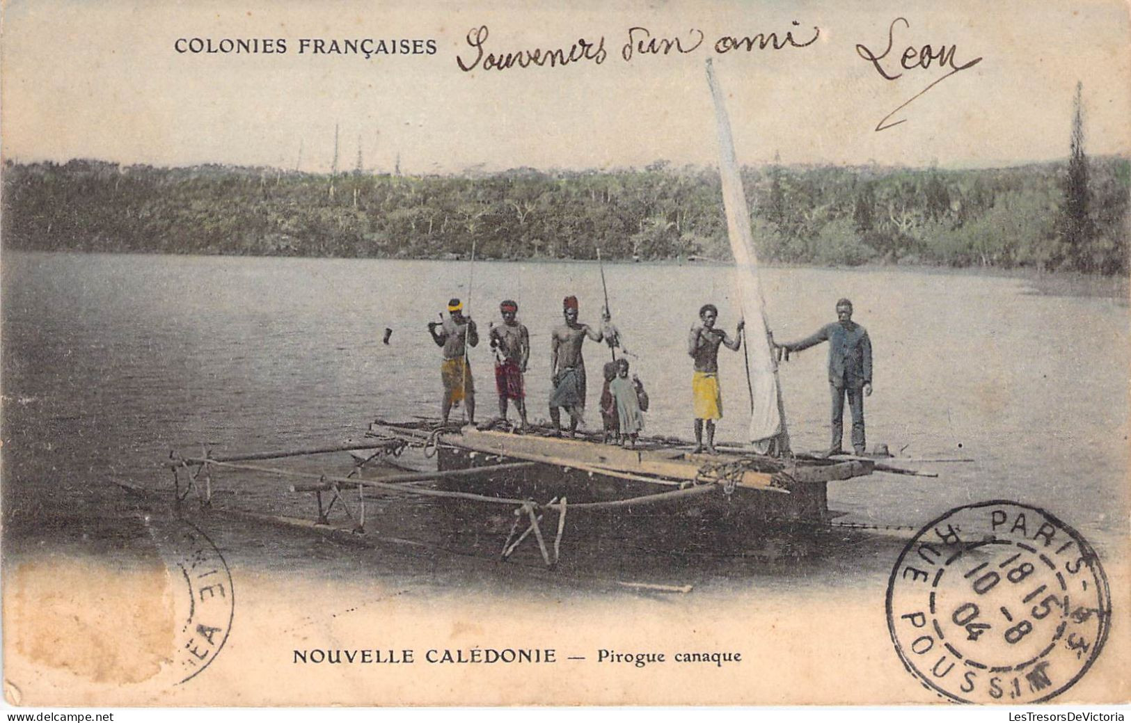 Nouvelle Calédonie - Pirogue Canaque - Colorisé - Oblitéré Paris Rue Poussin - Animé - Carte Postale Ancienne - New Caledonia