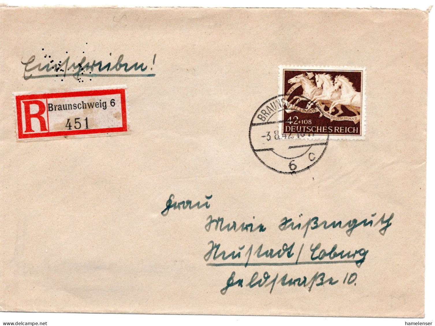 57639 - Deutsches Reich - 1942 - 42Pfg Braunes Band EF A R-Bf BRAUNSCHWEIG -> NEUSTADT - Ippica