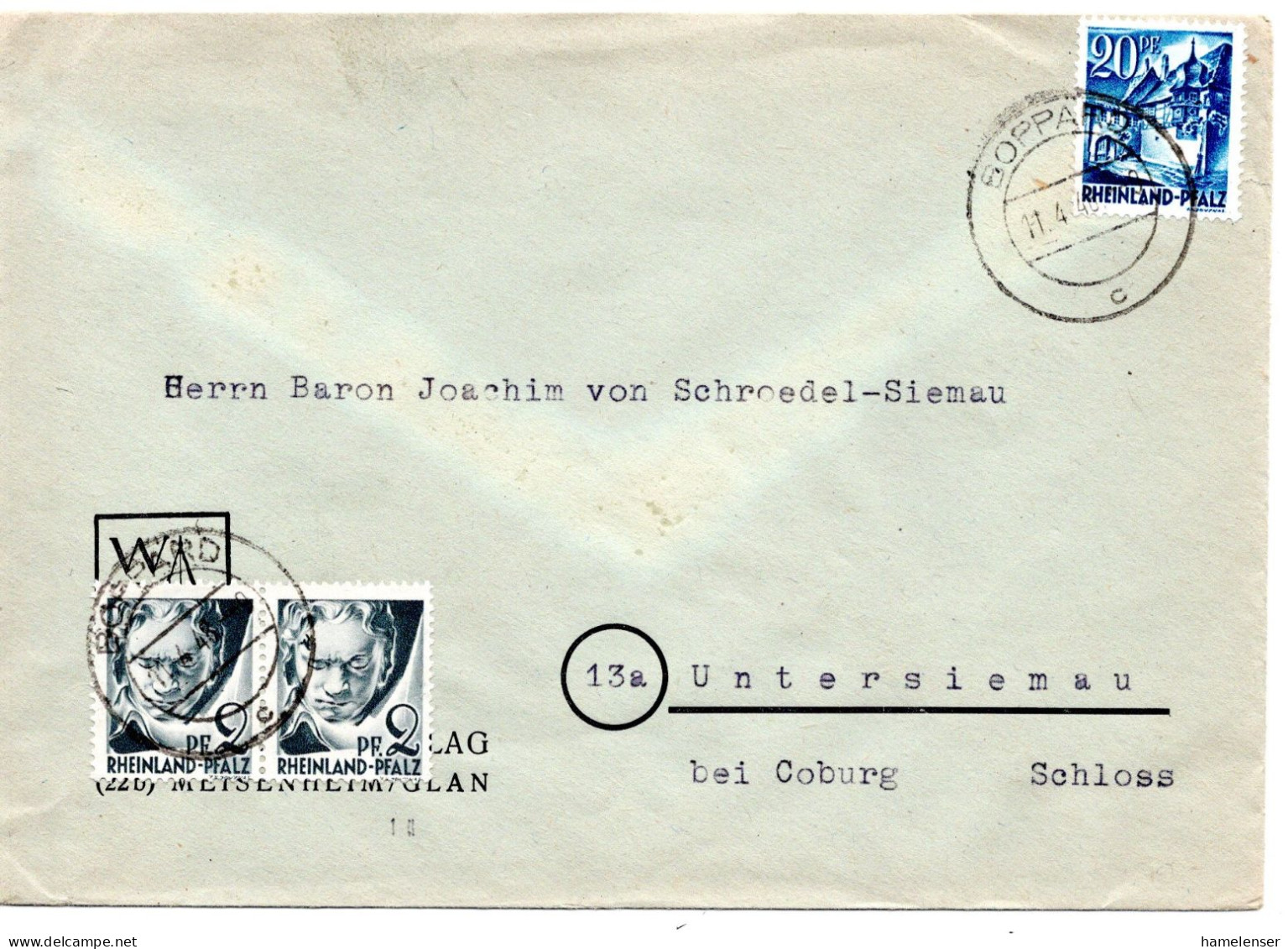 57644 - Frz Zone / Rheinland-Pfalz - 1948 - 20Pfg MiF A Bf BOPPARD -> Untersiemau - Renania-Palatinato