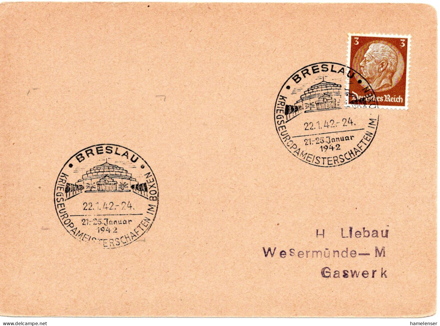 57658 - Deutsches Reich - 1942 - 3Pfg Hindenburg EF A DrucksKte BRESLAU - KRIEGSEUROPAMEISTERSCHAFTEN IM BOXEN -> Weserm - Boksen