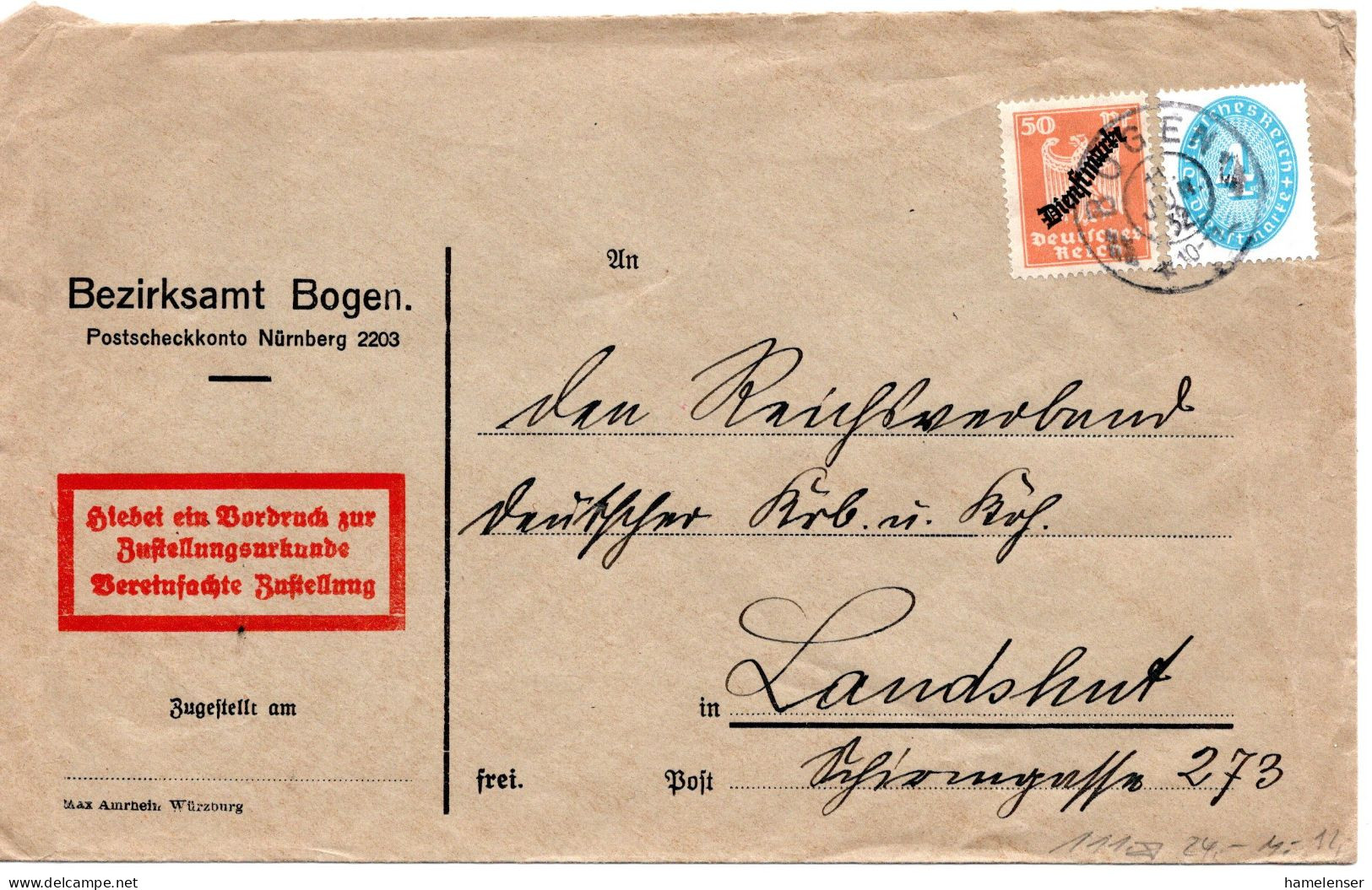 57661 - Deutsches Reich / Dienst - 1932 - 50Pfg Adler MiF A ZU-Bf BOGEN -> Landshut - Officials