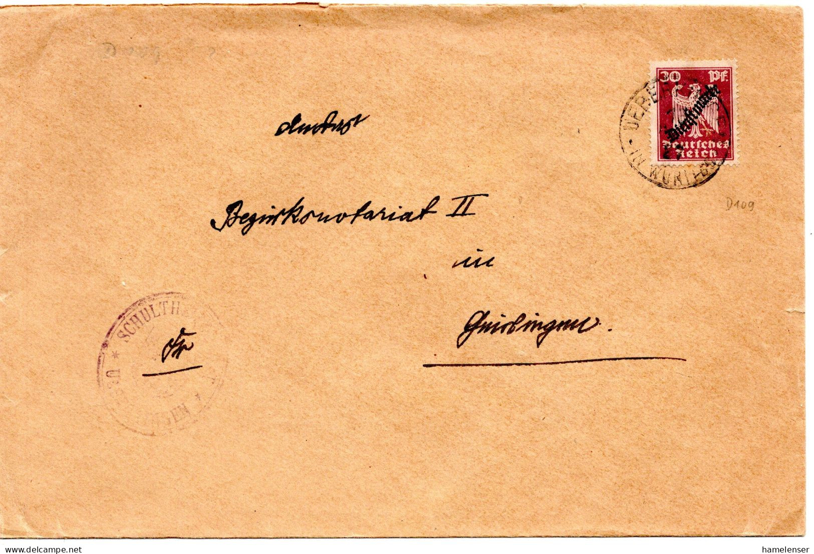 57668 - Deutsches Reich / Dienst - 1927 - 30Pfg Adler A Bf UEBERKINGEN -> Gruibingen - Oficial