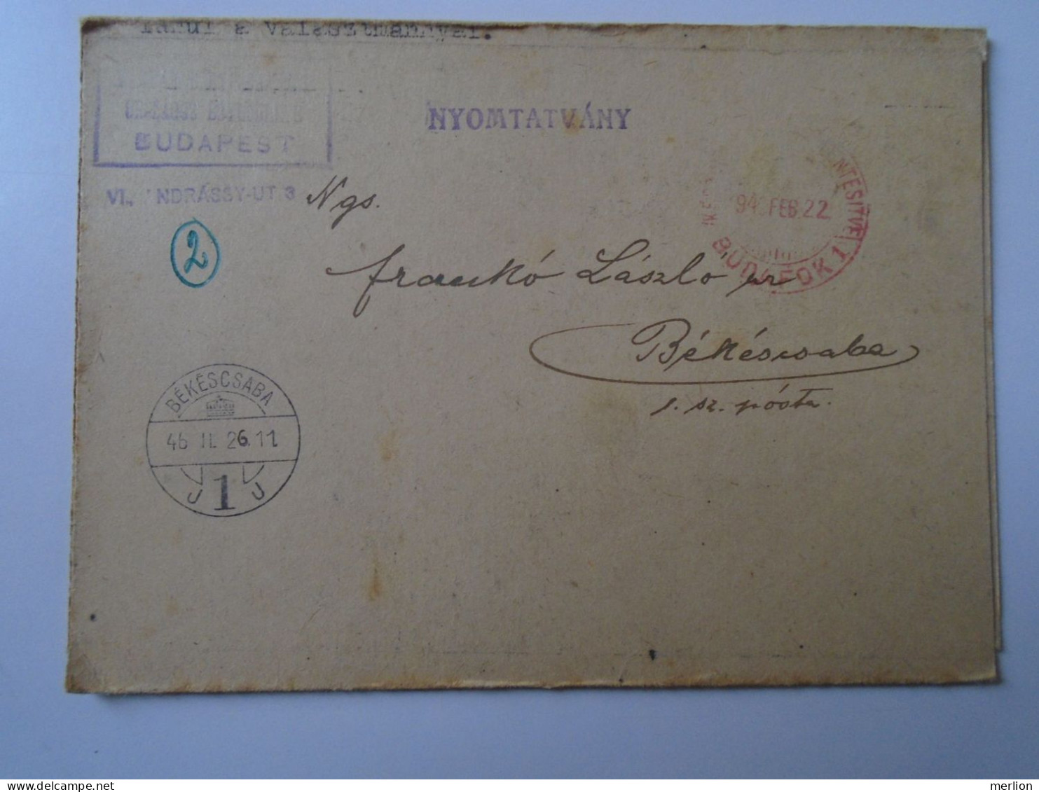 D194128  HUNGARY - National Association Of Hungarian Stamp Collectors - Mailed Circular 1946 -RED CANCEL -Frankó - Brieven En Documenten