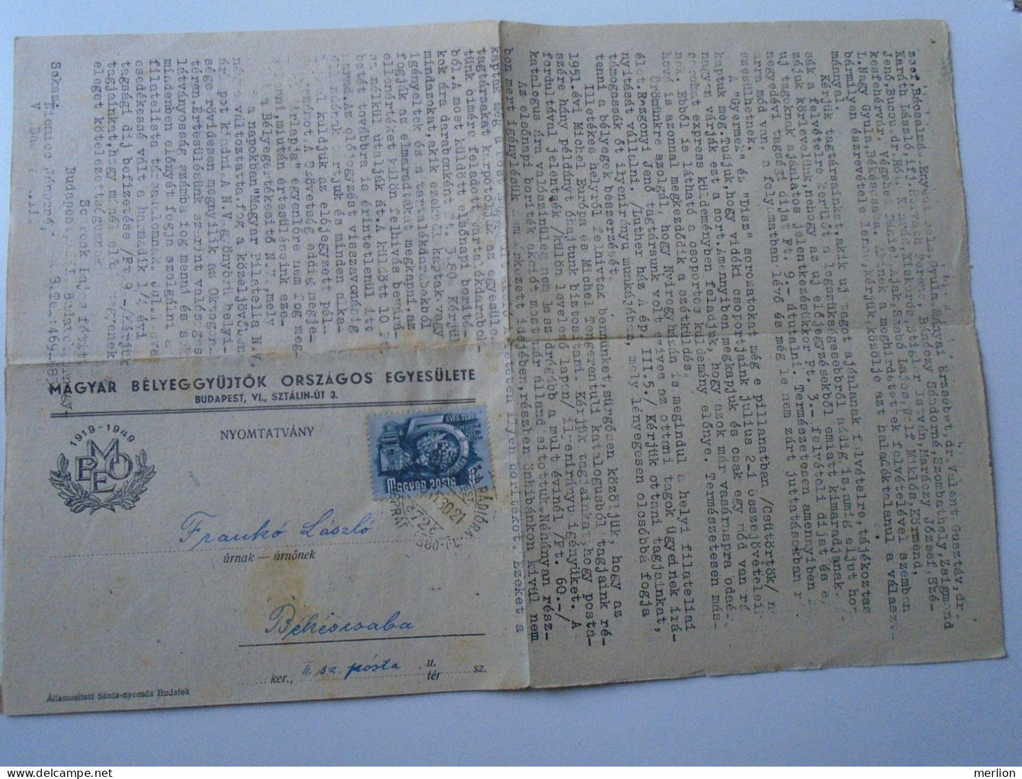 D194136 HUNGARY MBOE - National Association Of Hungarian Stamp Collectors - Mailed Circular 1950 -Frankó Bekescsaba - Lettres & Documents