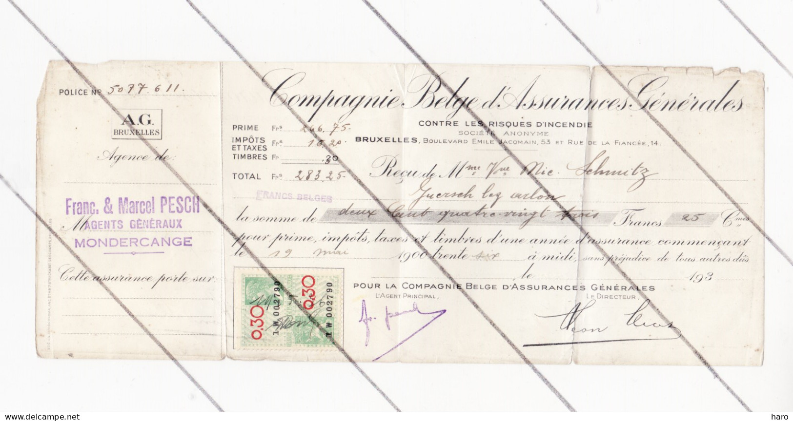Quittance - Cie Belge D'Assurances Générales - Agent F. & M. PESCH à MONDERCANGE - Luxembourg 1936 (B328) - Luxemburg