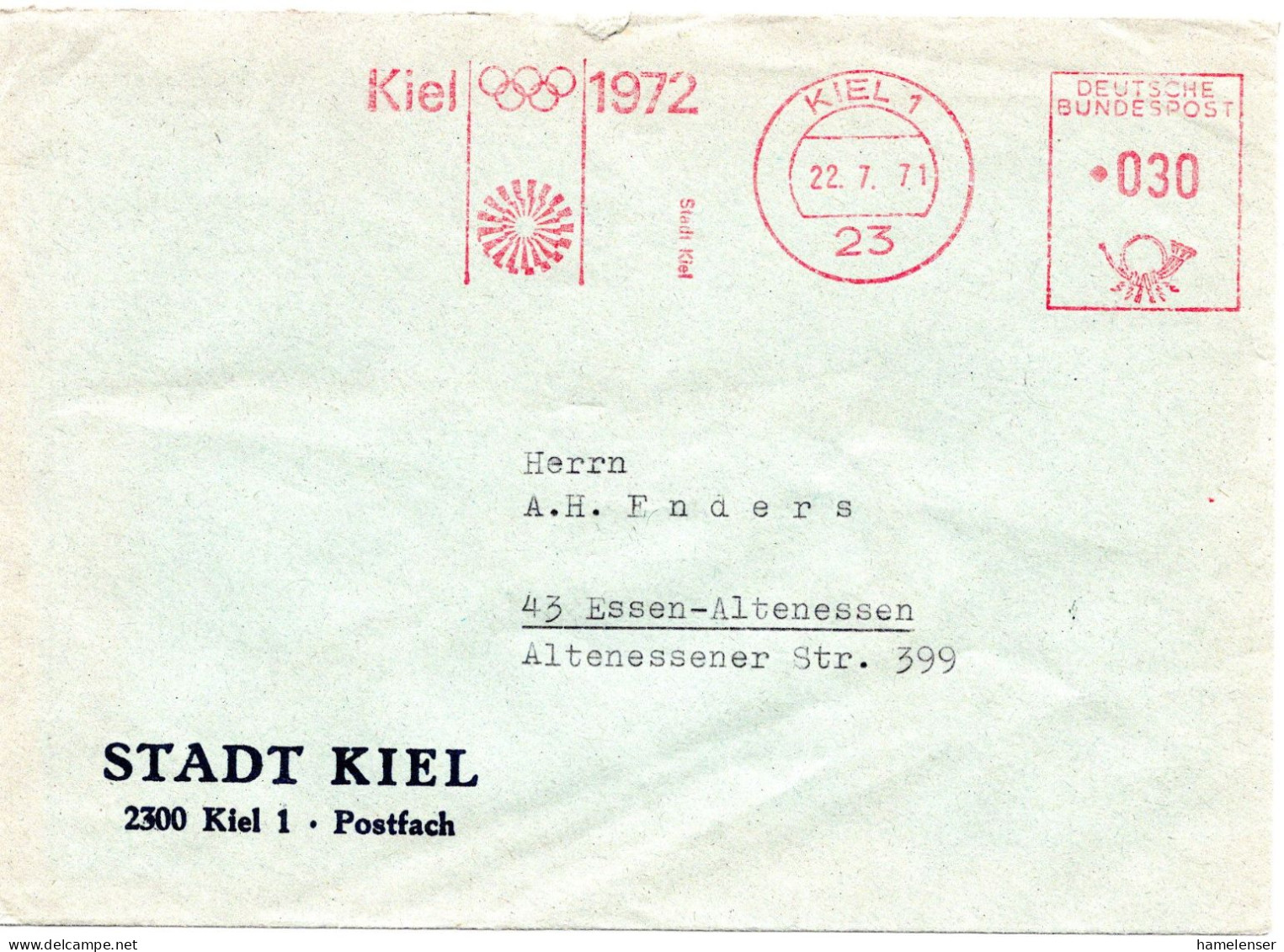 57672 - Bund - 1971 - 30Pfg AbsFreistpl KIEL - KIEL 1972 STADT KIEL -> Essen - Sommer 1972: München