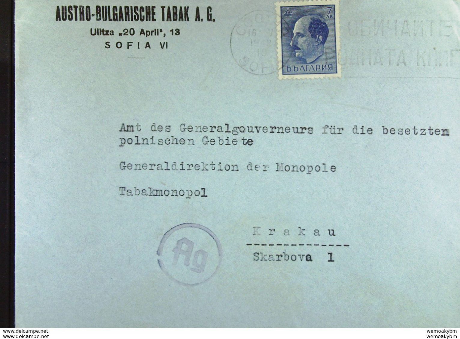 Bulgarien: Brief Aus Sofia Mit 7 AB V. 16.3.1942 An Das Amt Des Generalgouv. Für Besetzte Polnische Gebiete KRAKAU-Tabak - Krieg