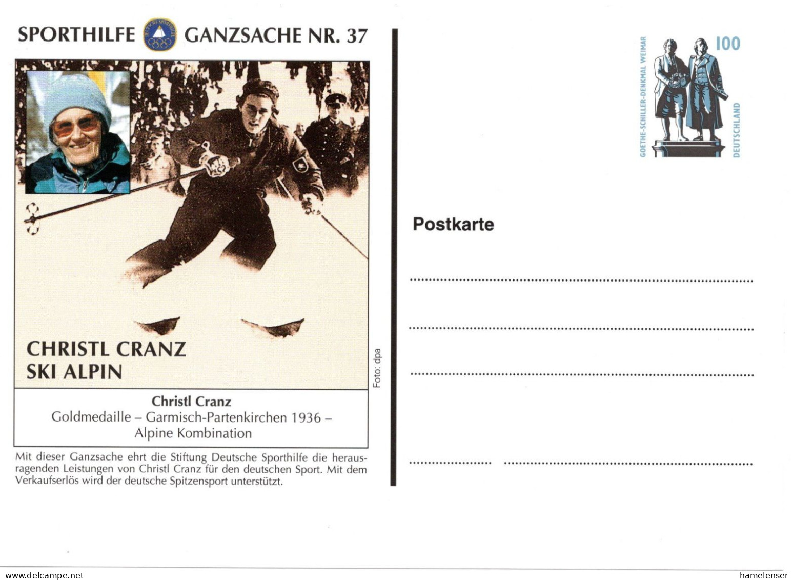 57678 - Bund - 2001 - 100Pfg SWK PGAKte "Sporthilfe Nr.37 Christl Cranz", Ungebraucht - Inverno1936: Garmisch-Partenkirchen