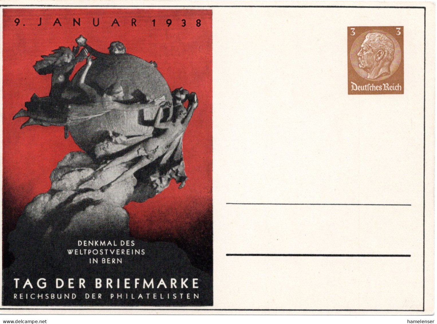 57682 - Deutsches Reich - 1938 - 3Pfg Hindenburg PGAKte "Tag Der Briefmarke 1938", Ungebraucht - Día Del Sello