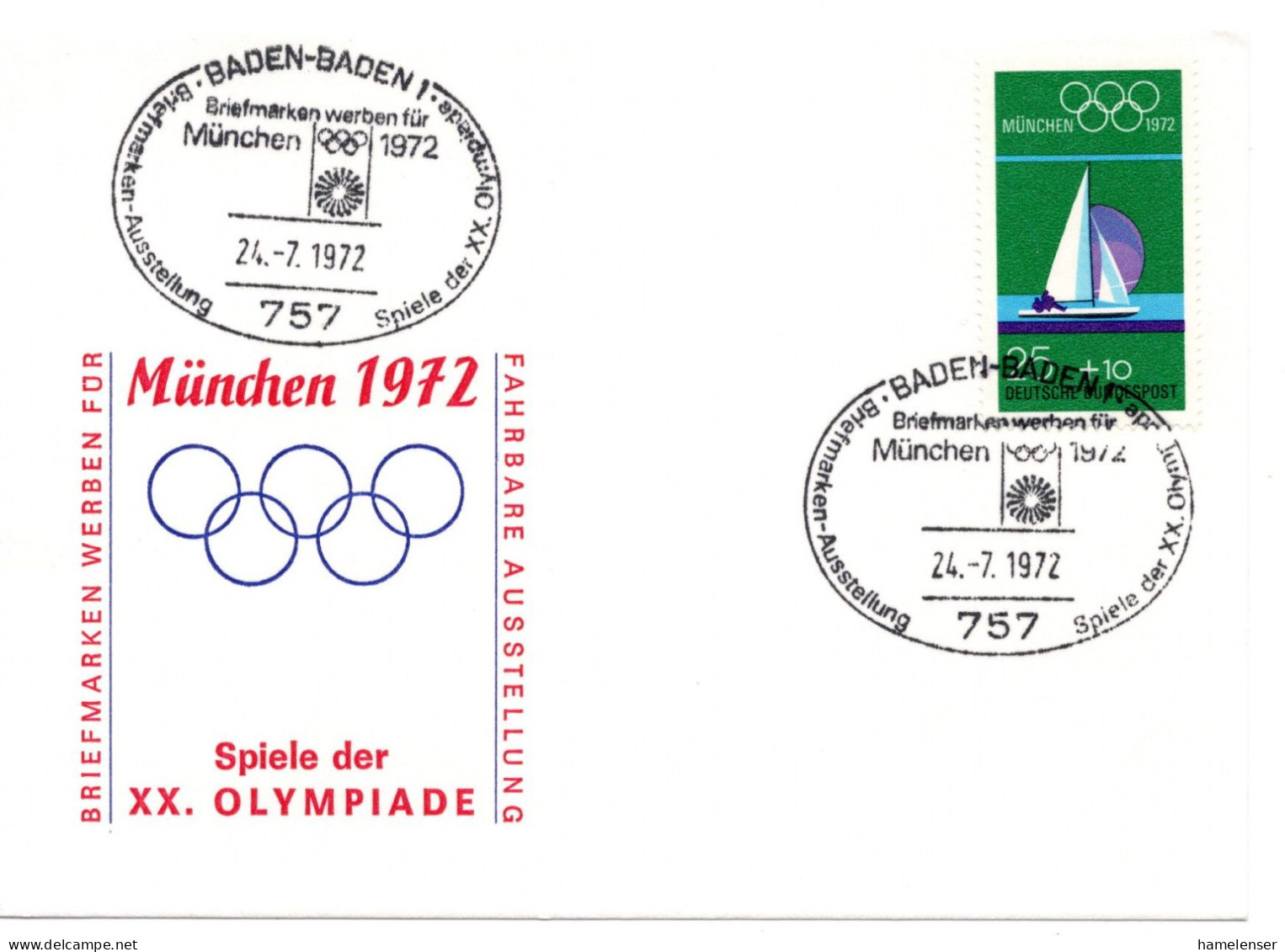 57688 - Bund - 1972 - 25Pfg Olympia '72 EF A Bf SoStpl BADEN-BADEN - BRIEFMARKEN WERBEN FUER OLYMPIA - Sommer 1972: München