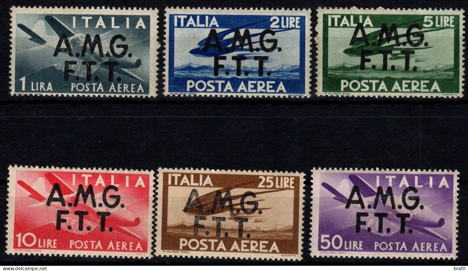 1947 Trieste "A", Posta Aerea Del 1945-7 Soprastampati, Serie Completa Linguellata (*) - Poste Aérienne