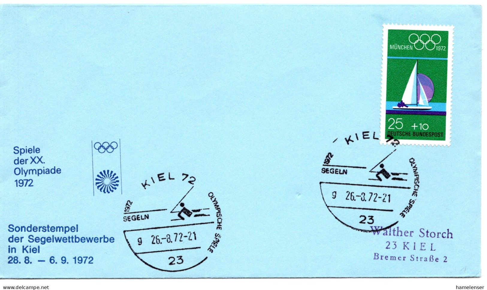 57689 - Bund - 1972 - 25Pfg Olympia '72 EF A OrtsBf SoStpl KIEL - OLYMPISCHE SPIELE SEGELN - Ete 1972: Munich