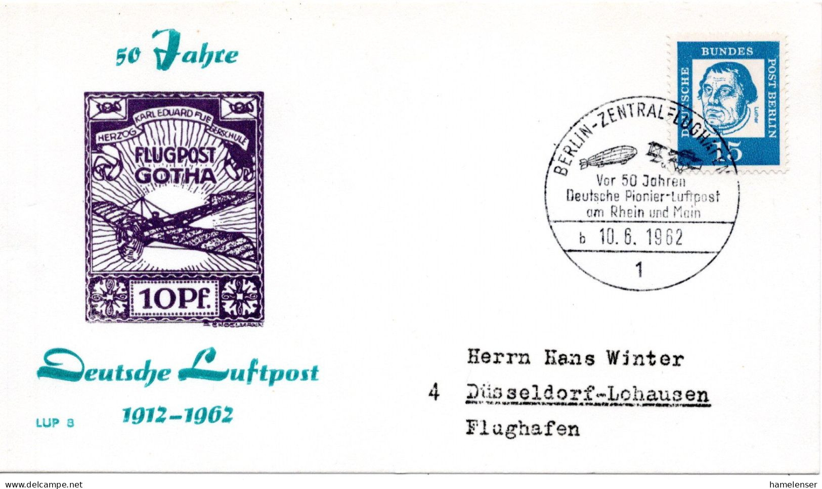 57692 - Berlin - 1962 - 15Pfg Luther EF A SoUmschl SoStpl BERLIN - ... PIONIER-LUFTPOST .... -> Duesseldorf - Andere & Zonder Classificatie