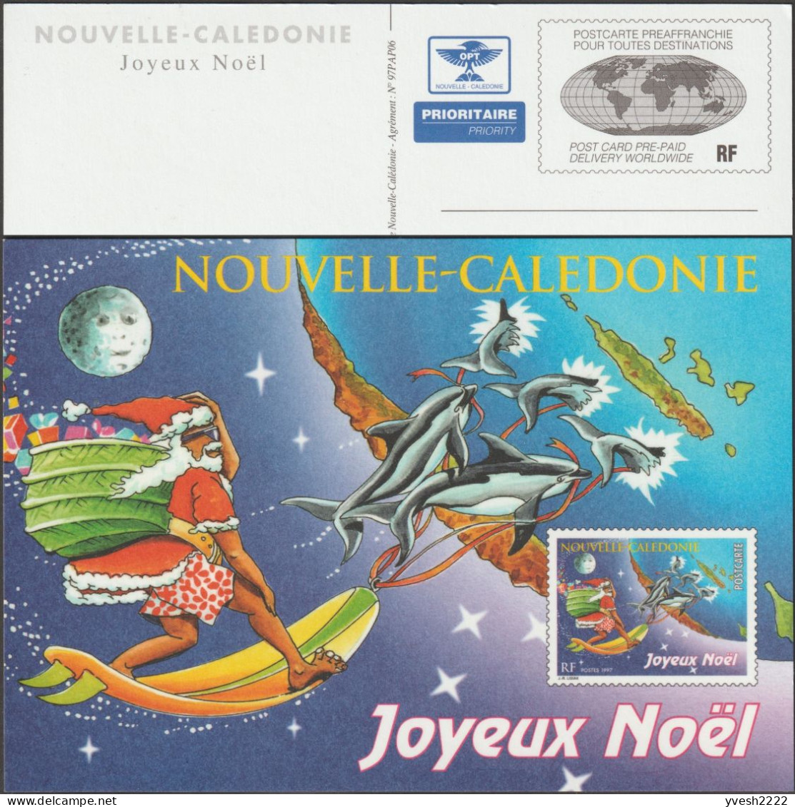 Nouvelle-Calédonie 1997. Entier Postal, Joyeux Noël. Père Noël Sur Une Planche Tirée Par Des Dauphins, Lune Décatie - Dauphins