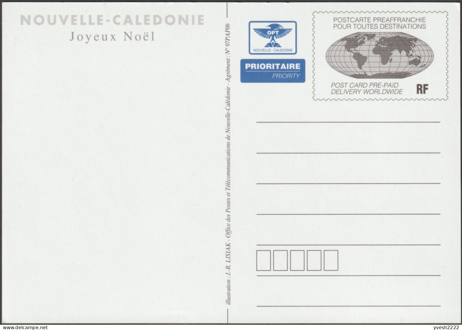 Nouvelle-Calédonie 1997. Entier Postal, Joyeux Noël. Père Noël Sur Une Planche Tirée Par Des Dauphins, Lune Décatie - Dauphins