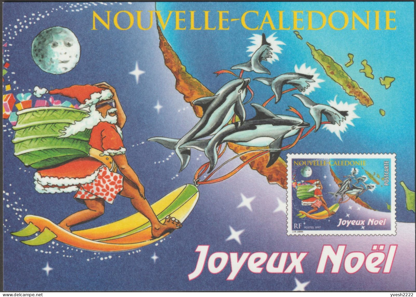 Nouvelle-Calédonie 1997. Entier Postal, Joyeux Noël. Père Noël Sur Une Planche Tirée Par Des Dauphins, Lune Décatie - Dauphins