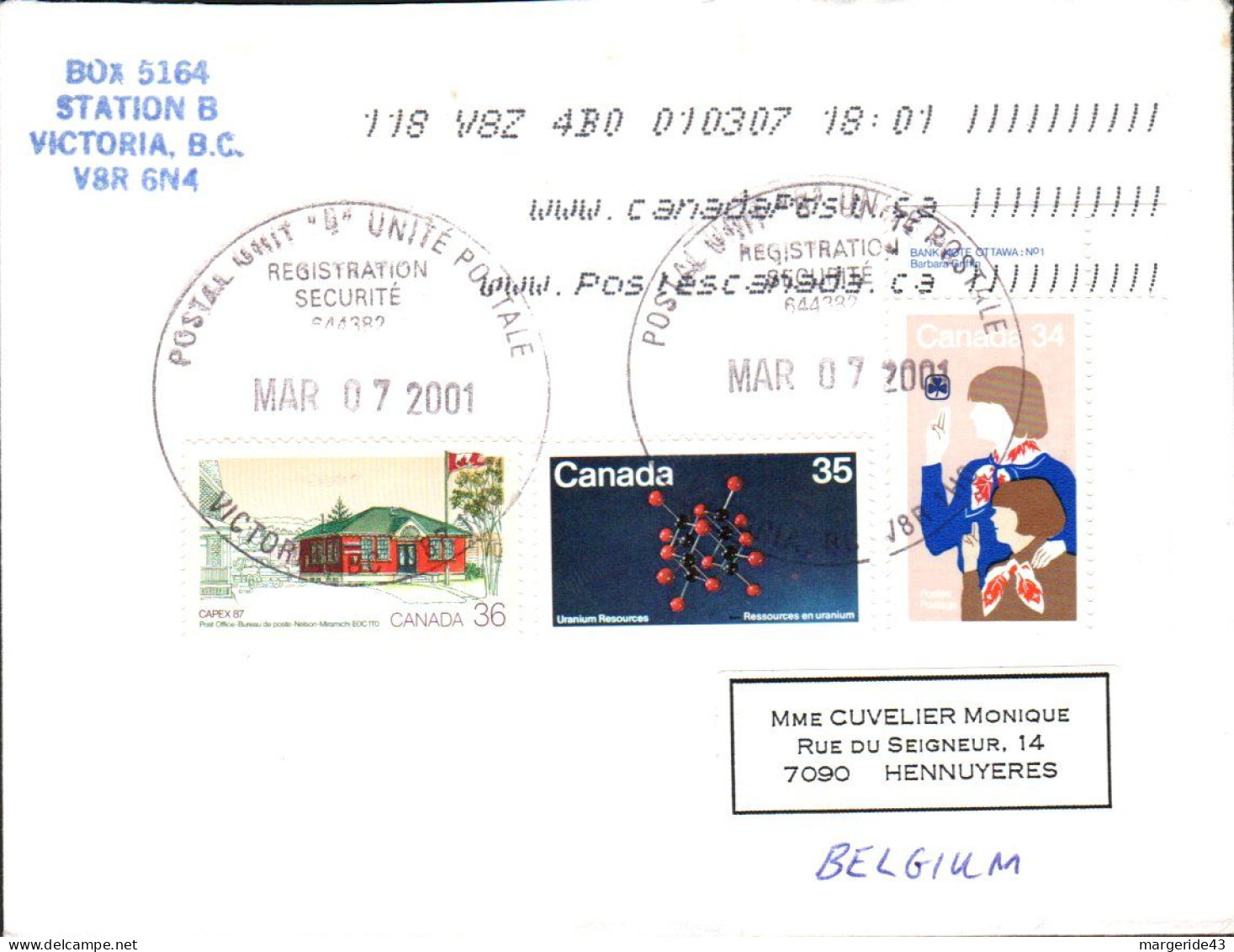 CANADA AFFRANCHISSEMENT COMPOSE SUR LETTRE POUR LA BELGIQUE 2001 - Lettres & Documents